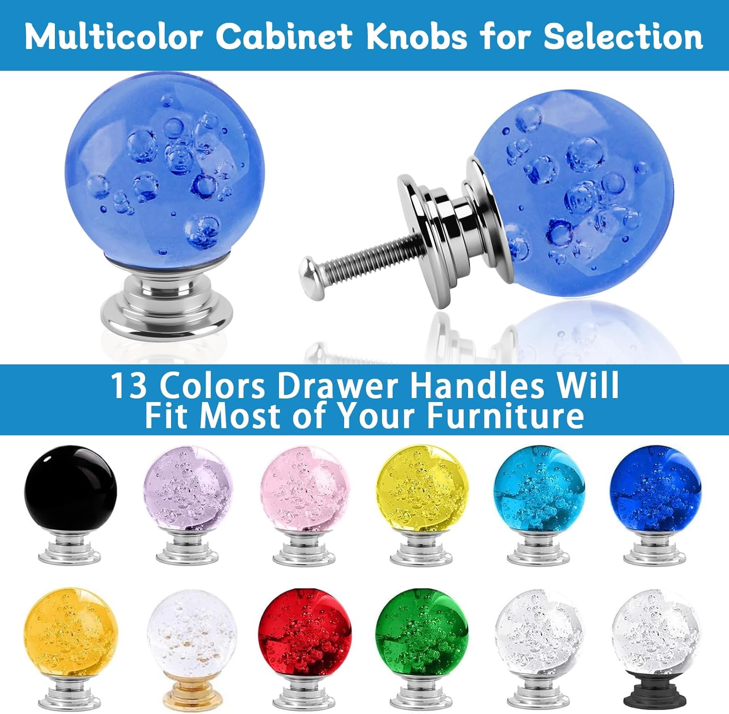 12 Pcs 30mm Round Shape Bubble Crystal Glass Cabinet Knobs with Screws Drawer Knob Pull Handle Used for Kitchen, Dresser, Door, Cupboard (Light Blue)