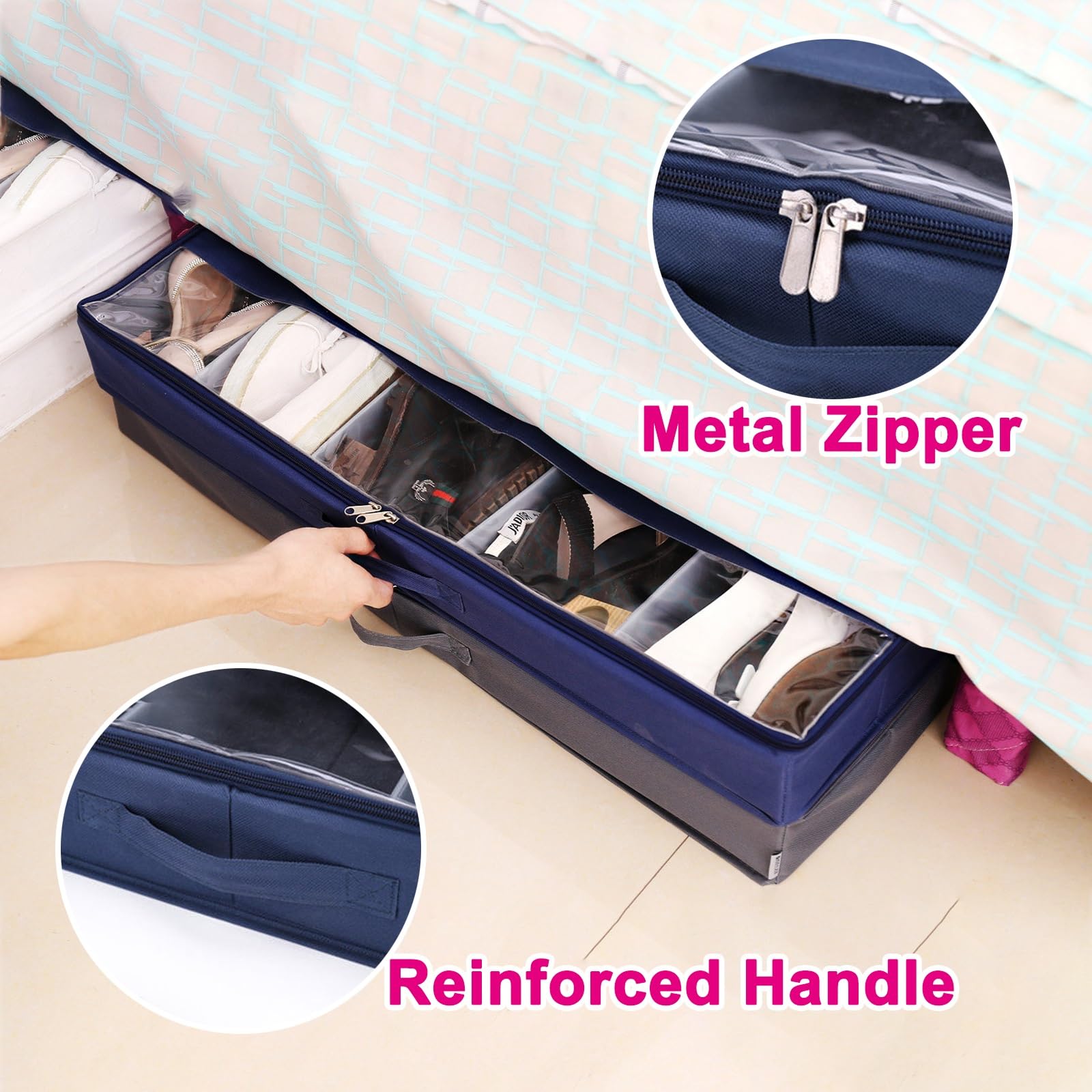 Confezione da 2 Scatole Sotto Letto Contenitore con Coperchio, Pieghevoli Contenitori per Vestiti, con Cerniera, Finestra Trasparente, Vestiti, Coperte, Scarpe(Beige,84x31x12cm/33x12x5in)