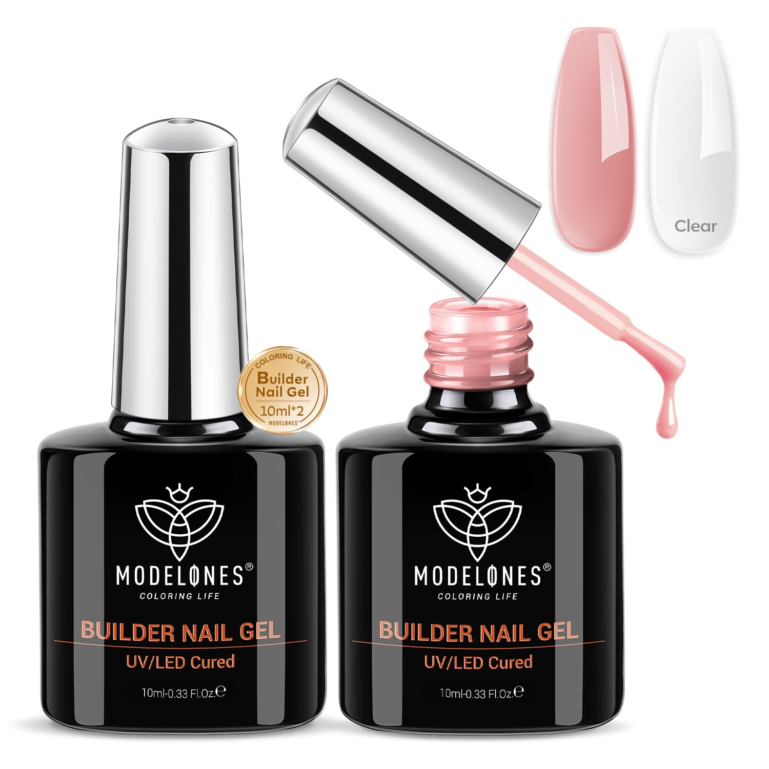 MODELONES Aufbaugel für Gelnägel, 8 in One Builder Gel, Nagelverstärker UVGel für Strengthener Extension Gel Base Nagelverlängerung, Nail Repair Base Coat Nail Art Maniküre Klar Rosa 2 Pcs