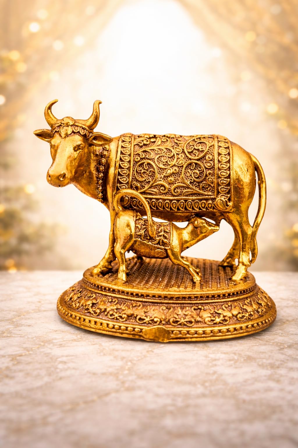 Kamdhenu Cow with Calf Idol in Brass for Home Temple | Gau MATA Murti for Pooja, Vastu & Prosperity | Small Decorative Cow Statue for Office, Gift & Spiritual Decor (2 Inch(60 Gram))-image-47