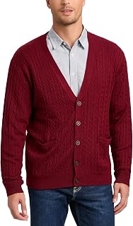Men's Cardigan Sweater Wool Blend Cable Knit V Neck Buttons Cardigan with Pockets(Burgundy Red, Large)