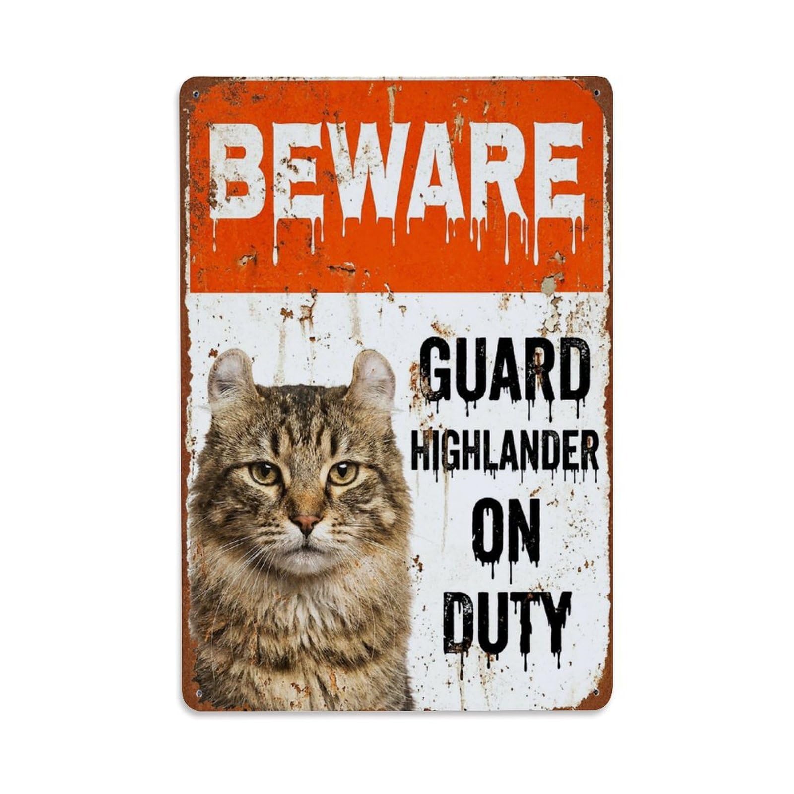 Vintage Funny Highlander Guard Beware of Cat Space Metal Tin Sign Plaque Wall Decor for Cafe, Club Bar, Office, Garden Metal Poster 8x12Inch