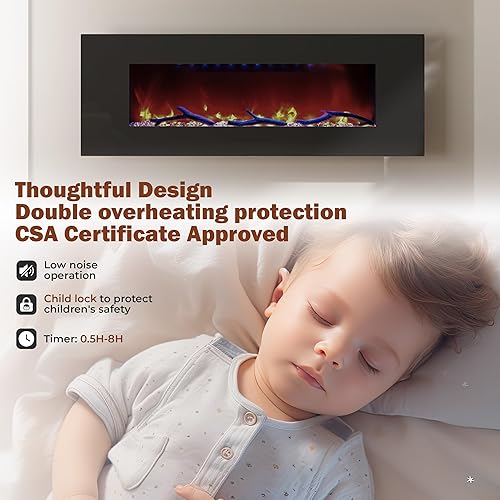 Miniatura 5 de Chimenea eléctrica de 50 pulgadas con altavoces Bluetooth montada en la pared de bajo ruido ultra fina chimenea lineal ajustable 8 colores de llama,