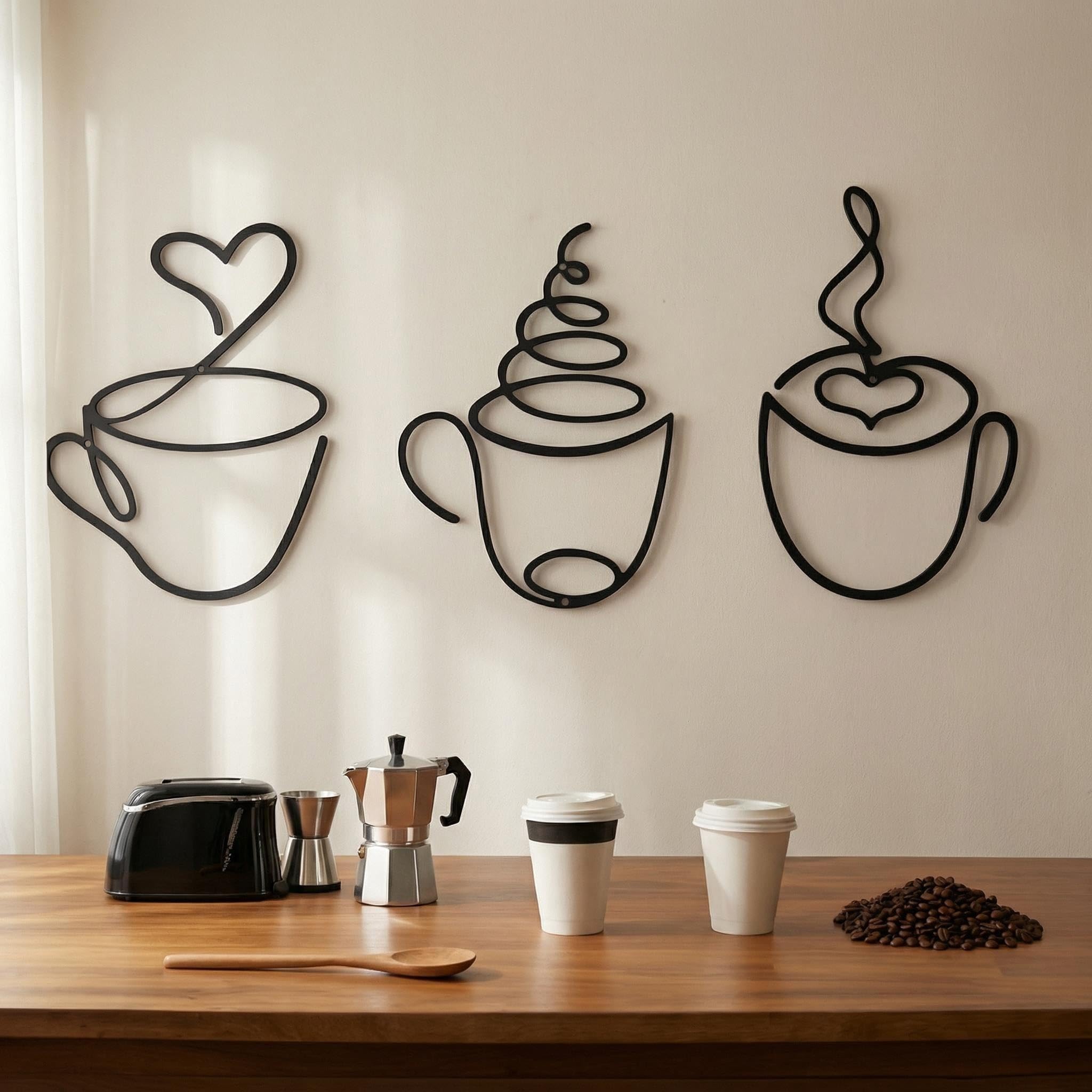 HUASUN Set of 3 Metal Coffee Cup Wall Art, Minimalist Line Style