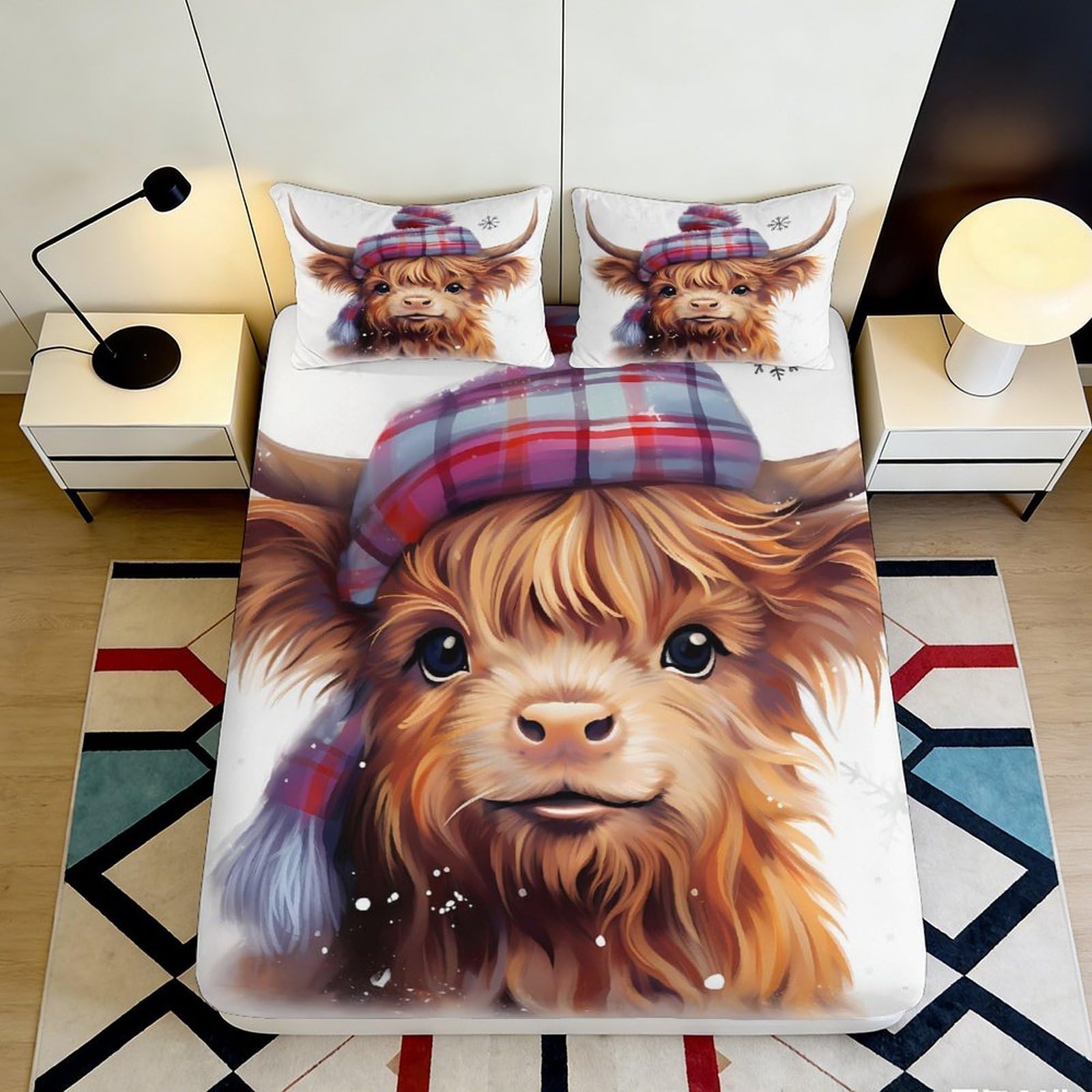 3D Printed Highland Cow Fitted Sheet Microfiber Soft Plaid Hat Mattress Cover for Bedroom Dorm Home Decor 90x200x25cm