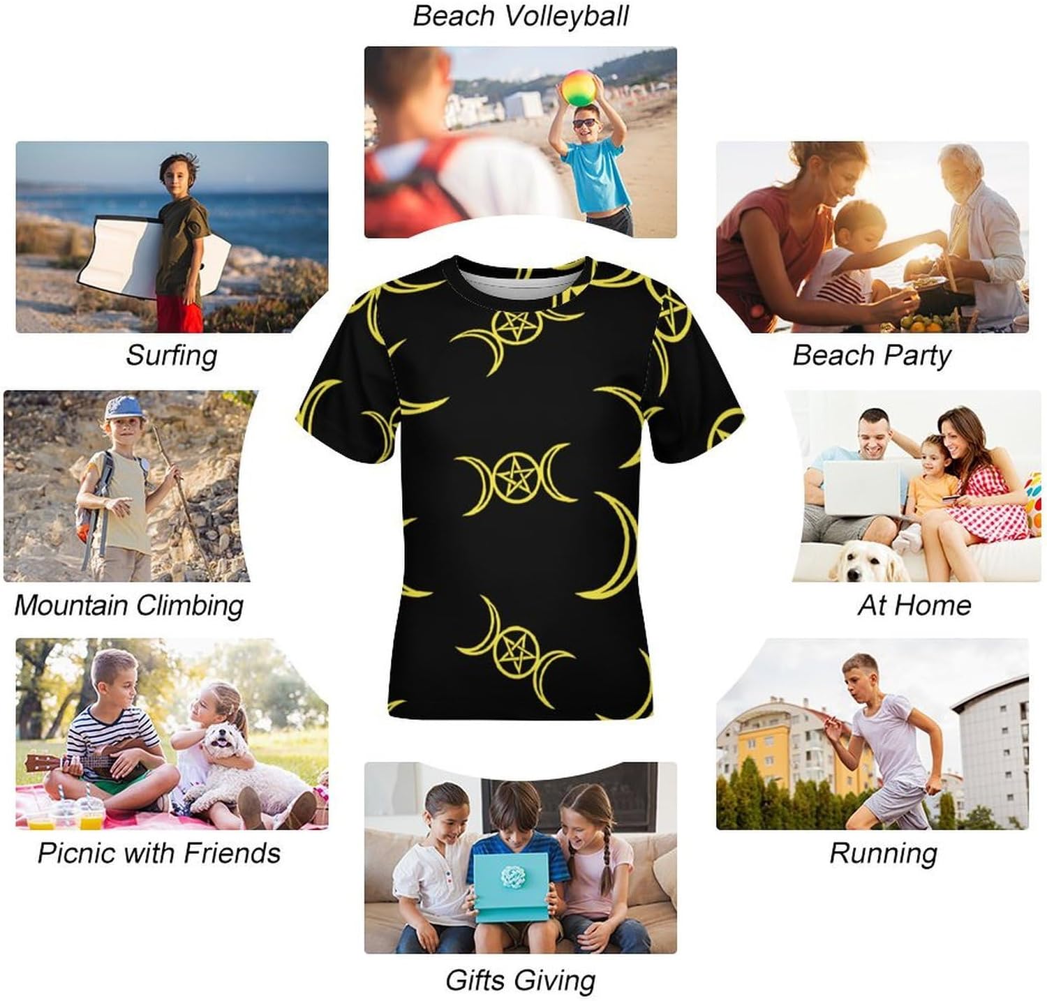 Triple Moon Pentacle T Shirt for Boy Girl Top Short Sleeve T-Shirt Graphic Tee