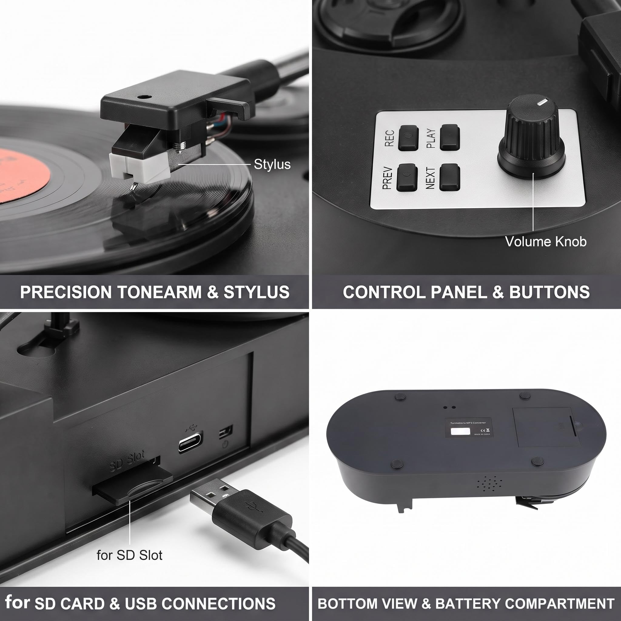 ZYWUOY Giradischi da vinile a MP3, giradischi da 33/45 giri/min con per slot sd, giradischi portatile in ABS per la casa