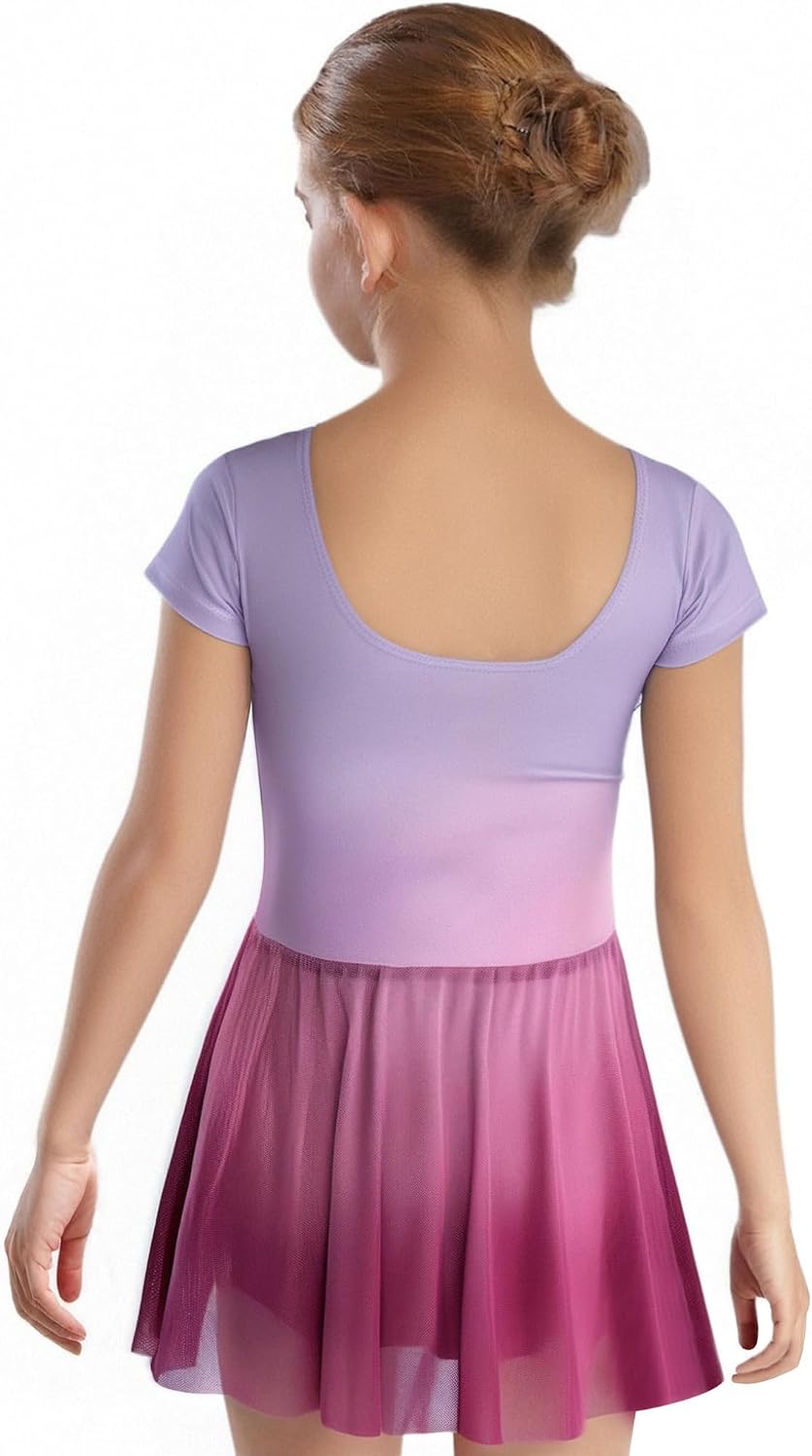 Hansber Girls Gradient Ballet Dance Dress Short Sleeve with Built-in Briefs Perfect for Practice Exams Stage Performances