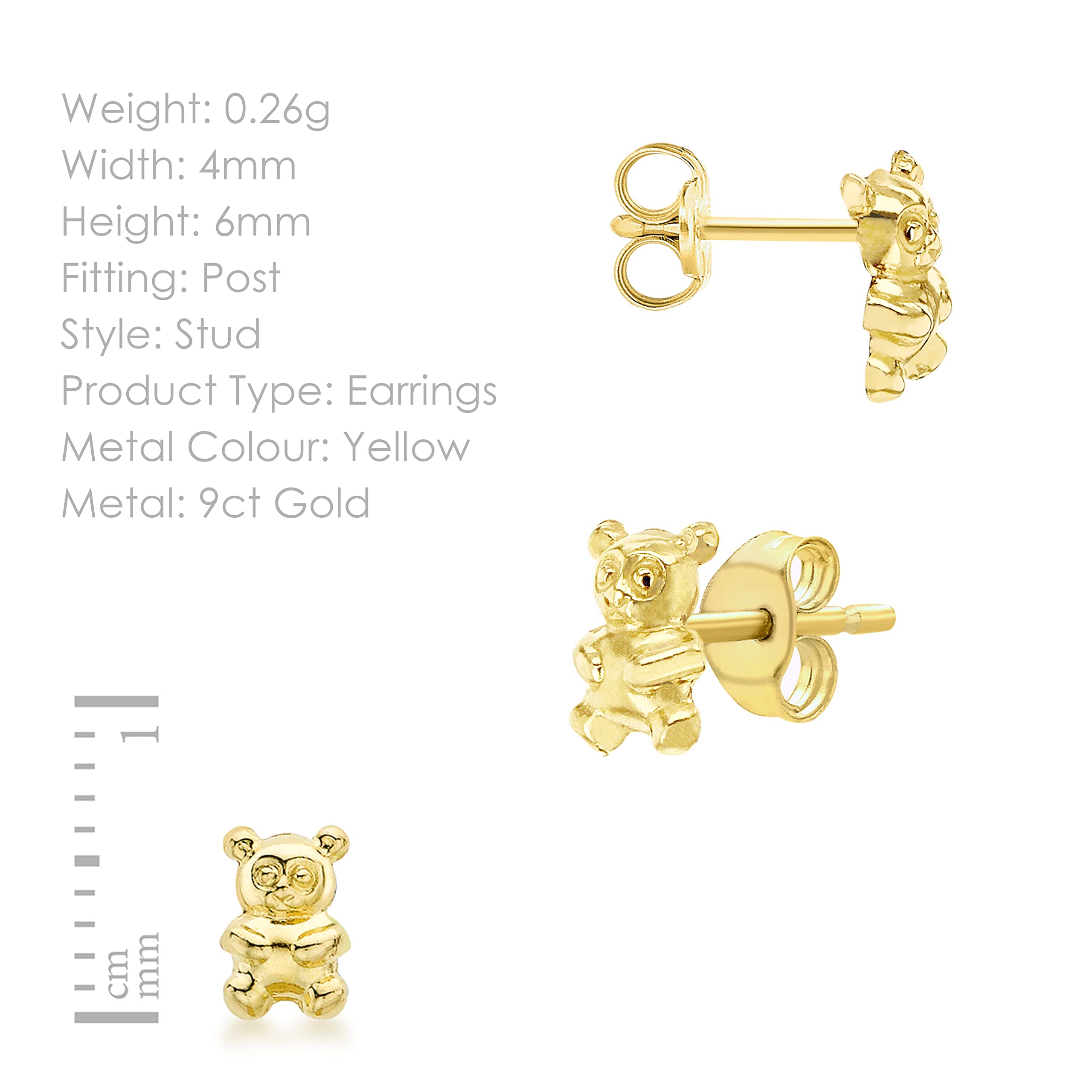 Damen 9k (375) Gelbgold 3.9mm x 5.9mm Teddybär Ohrstecker