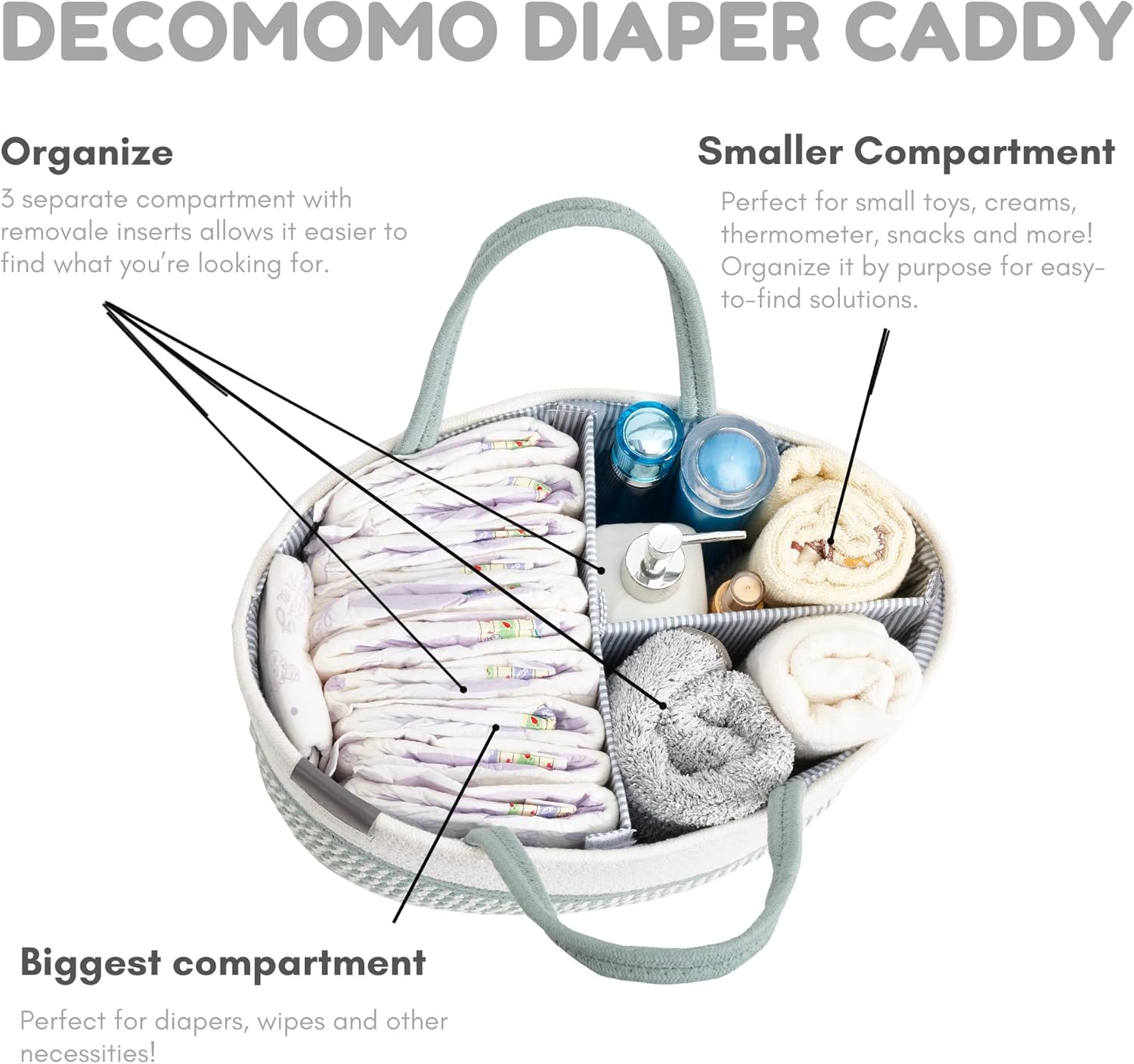 DECOMOMO Baby Caddy Organizer, Diaper Caddy Basket, Baskets for Baby Shower Gifts (Sage Green & White, Extra Large)