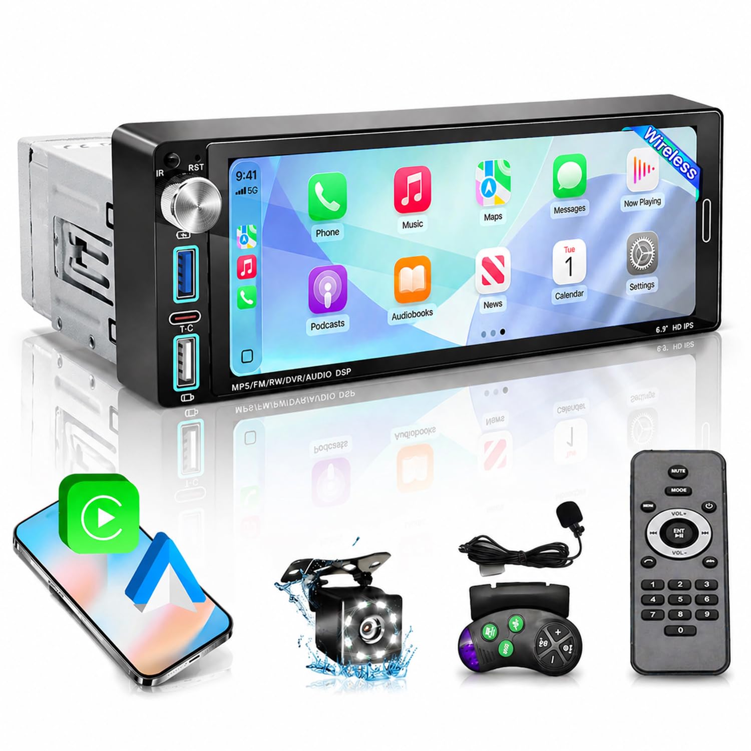 Photo 1 of Single Din Touchscreen Radio,6.9" HD IPS Single Din Car Stereo with Wireless Apple CarPlay & Android Auto,Bluetooth 5.2, Physical Knob,Backup Camera,Navigation,MirrorLink,FM,USB/Type-C Fast Charge,SWC