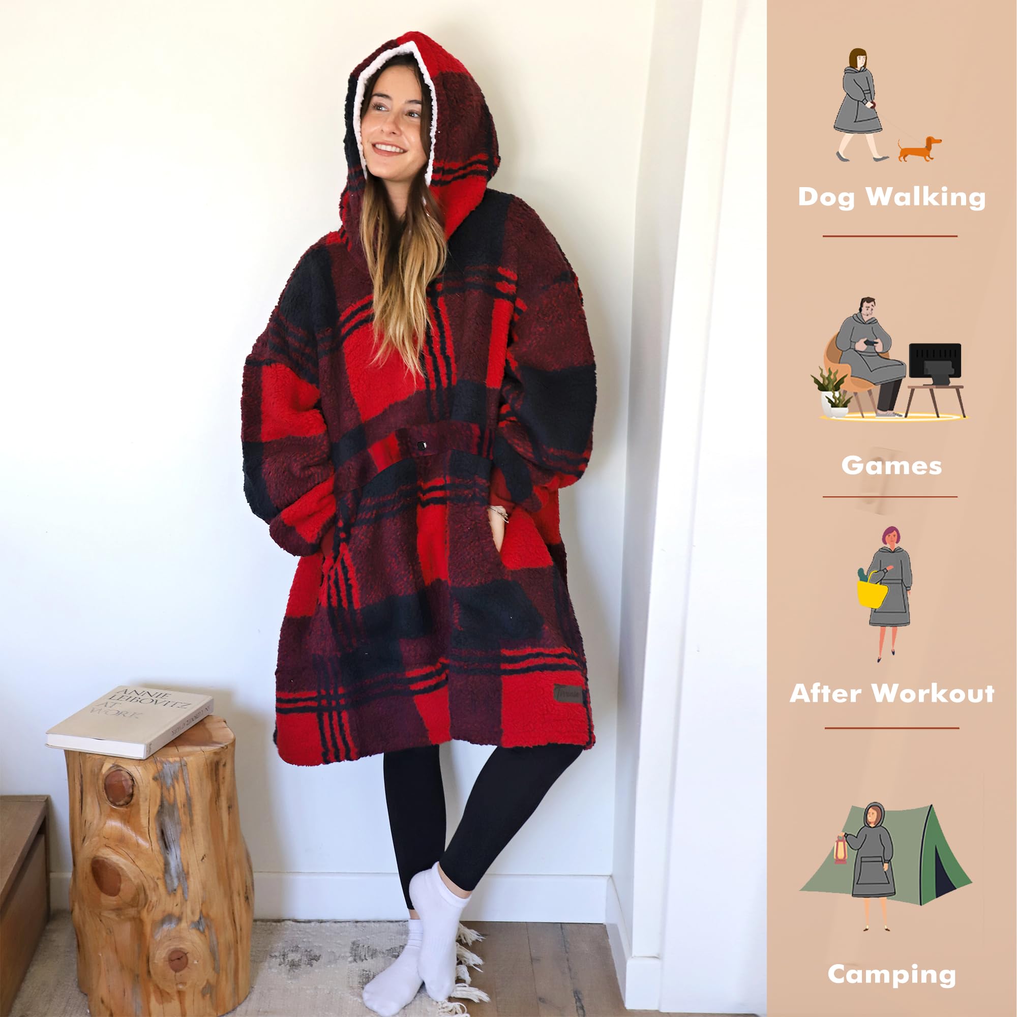 Amazon.com: Tirrinia Oversized Blanket Hoodie, Wearable Fluffy Sherpa  Blanket, Cozy Sweatshirt Blanket Gift for Adult Women Men Girlfriend, Red  Plaid ...