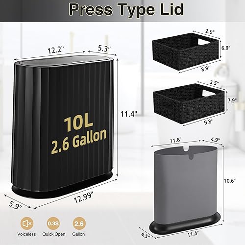 Miniatura 58 de Cubo de basura pequeño para baño con tapa de cierre suave, cubo de basura de acero inoxidable de 10 litros/2.6 galones con cubo interior extraíble