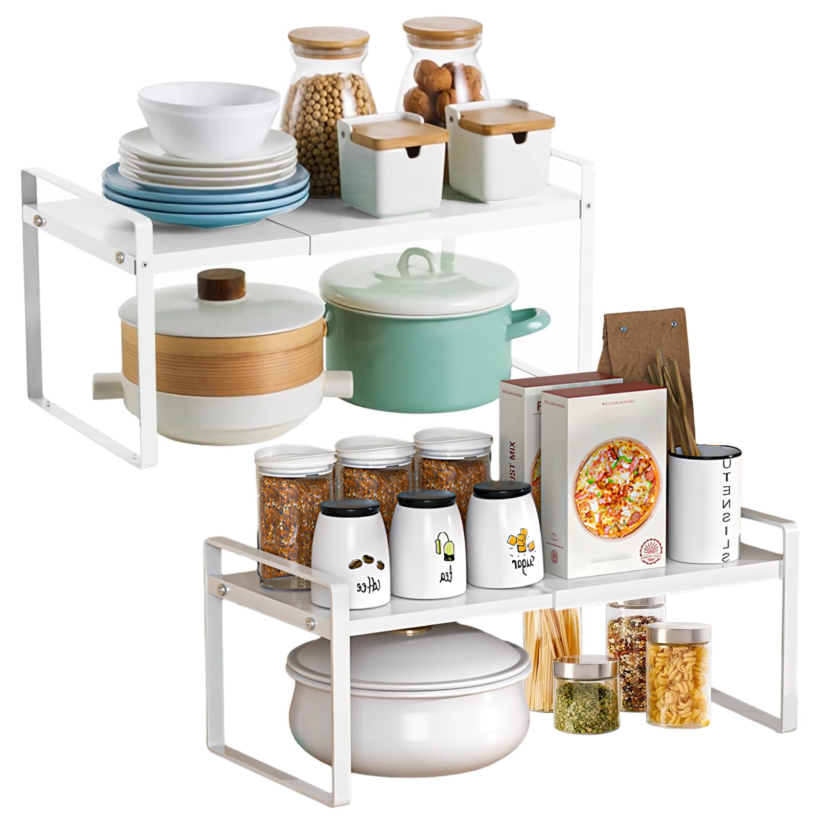 AKOLAFE 2 Piezas Estante Cocina Extensible Blanco, Organizador Cocina de Metal 35-65 Cm, Estantería Armario para Especias Encimera Bano Oficina Aparador