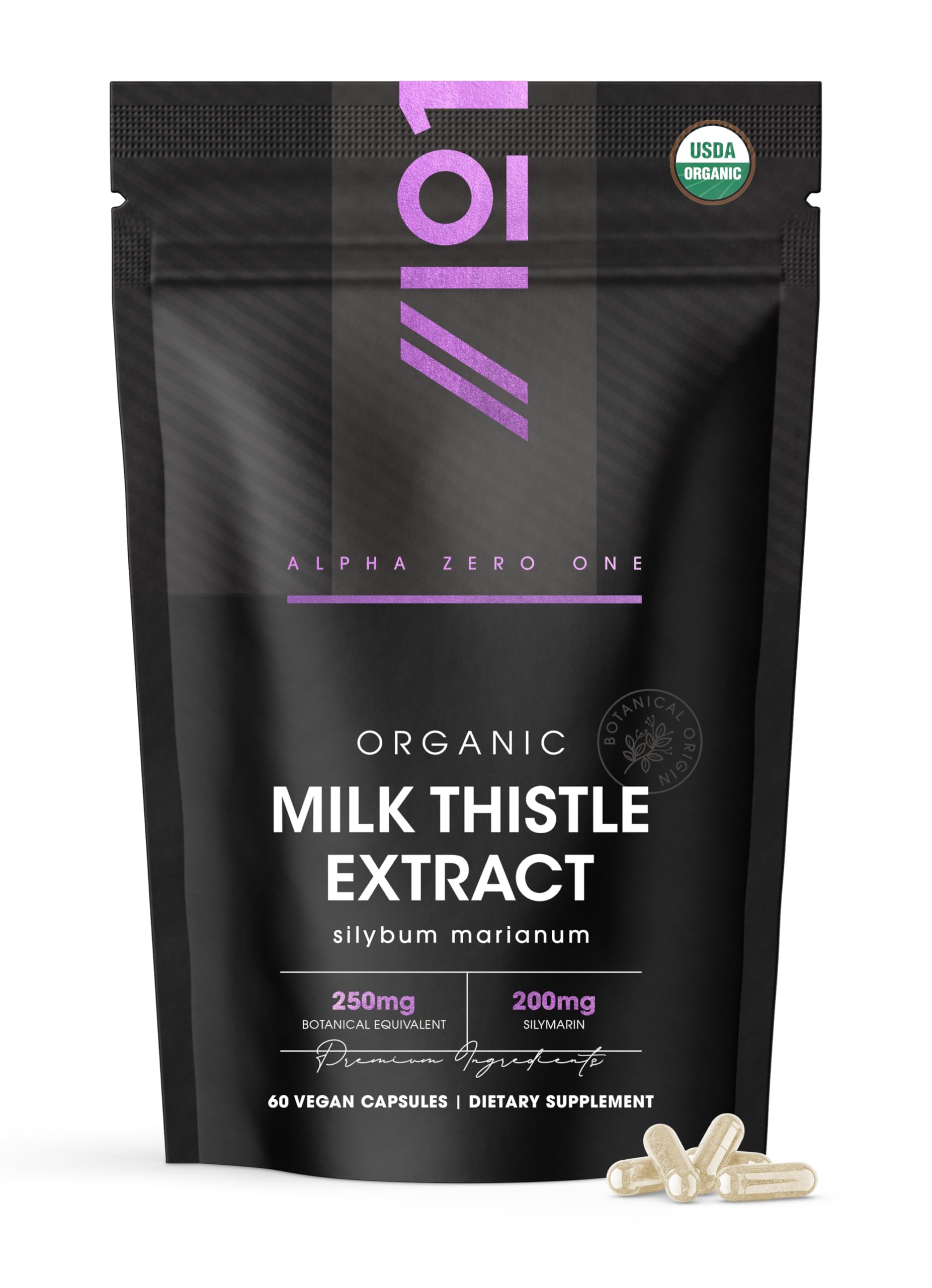 ALPHA01 Organic Milk Thistle Extract Capsules - 80% Silymarin - 60 Count - Resealable and Recyclable Pouch