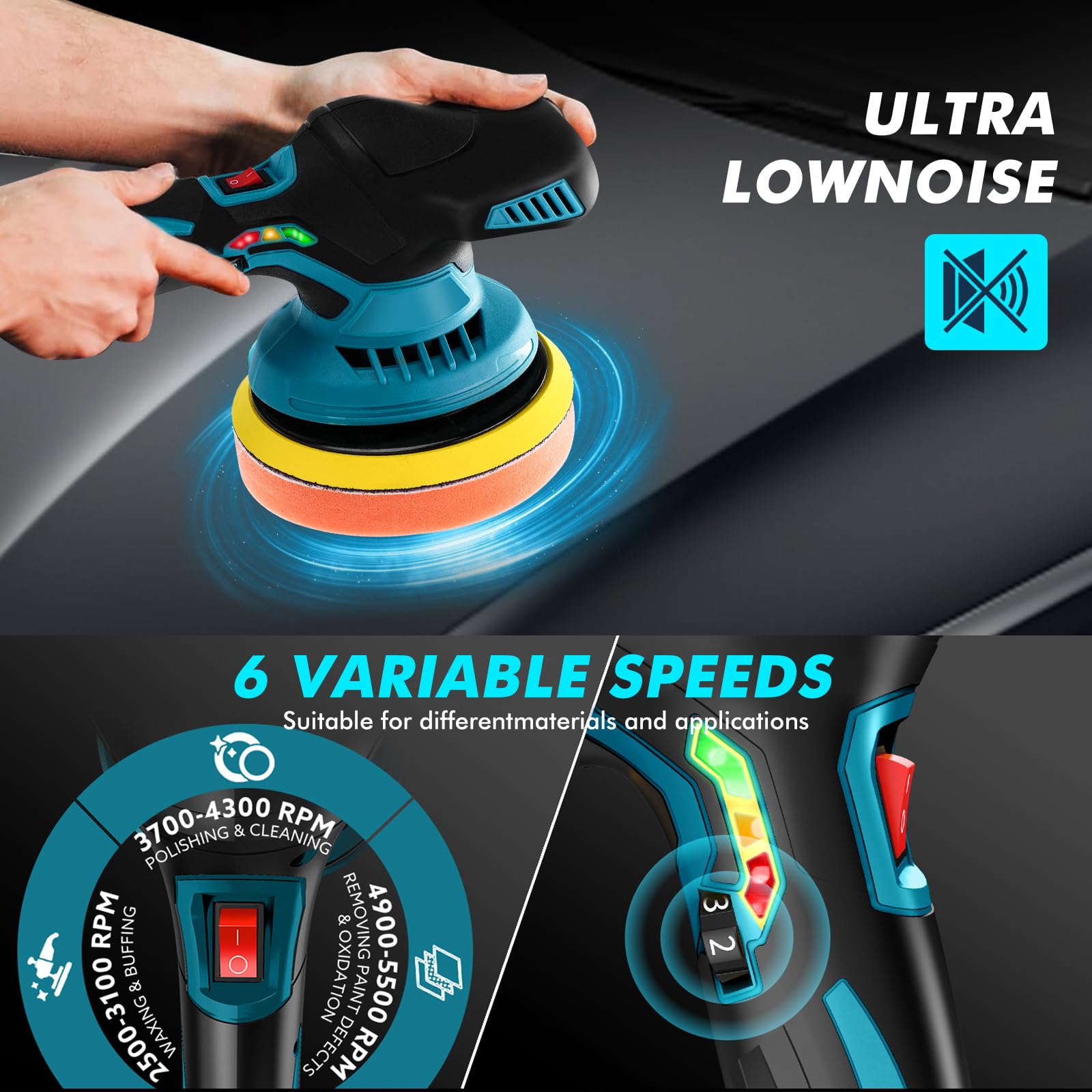 Lucidatrice Auto a Batteria, 2x21V 1500mAh 2800-5500RPM 6 Velocità lucidatrice per auto con Set Accessori per Auto Legno Metallo