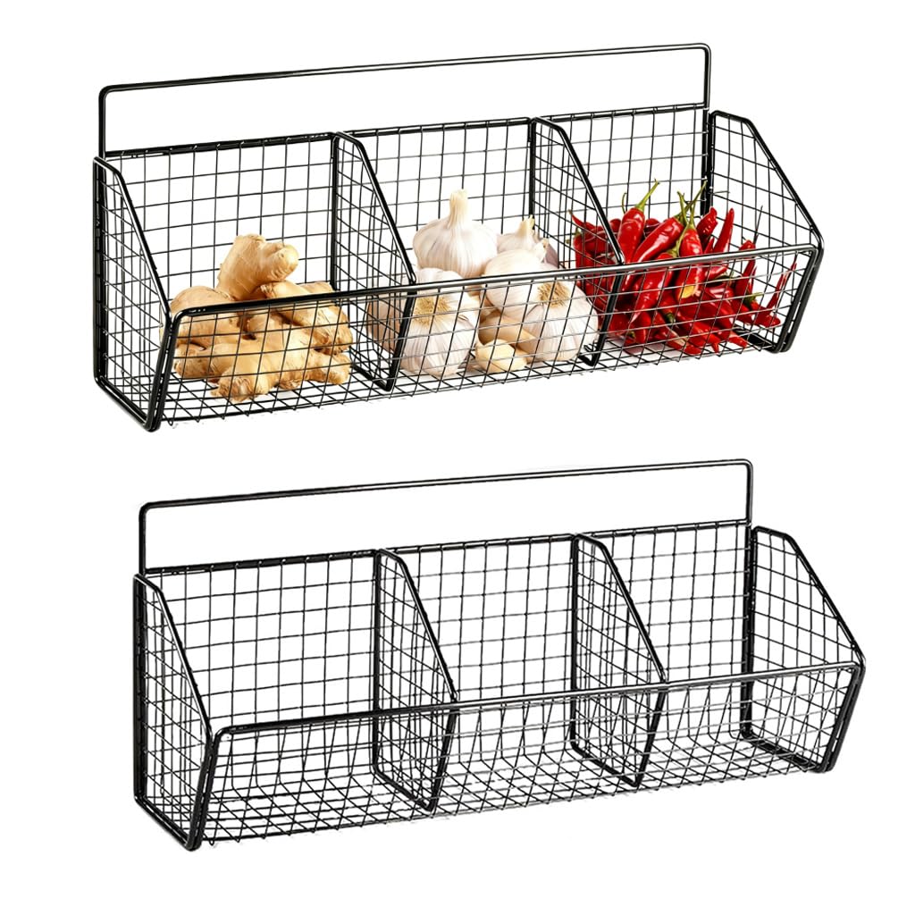 Cestini da parete in metallo, set da 2 pezzi con 3 scomparti, per conservare le verdure, cestino in metallo da appendere senza forare, cestino sospeso da cucina e cucina, organizer per cipolle