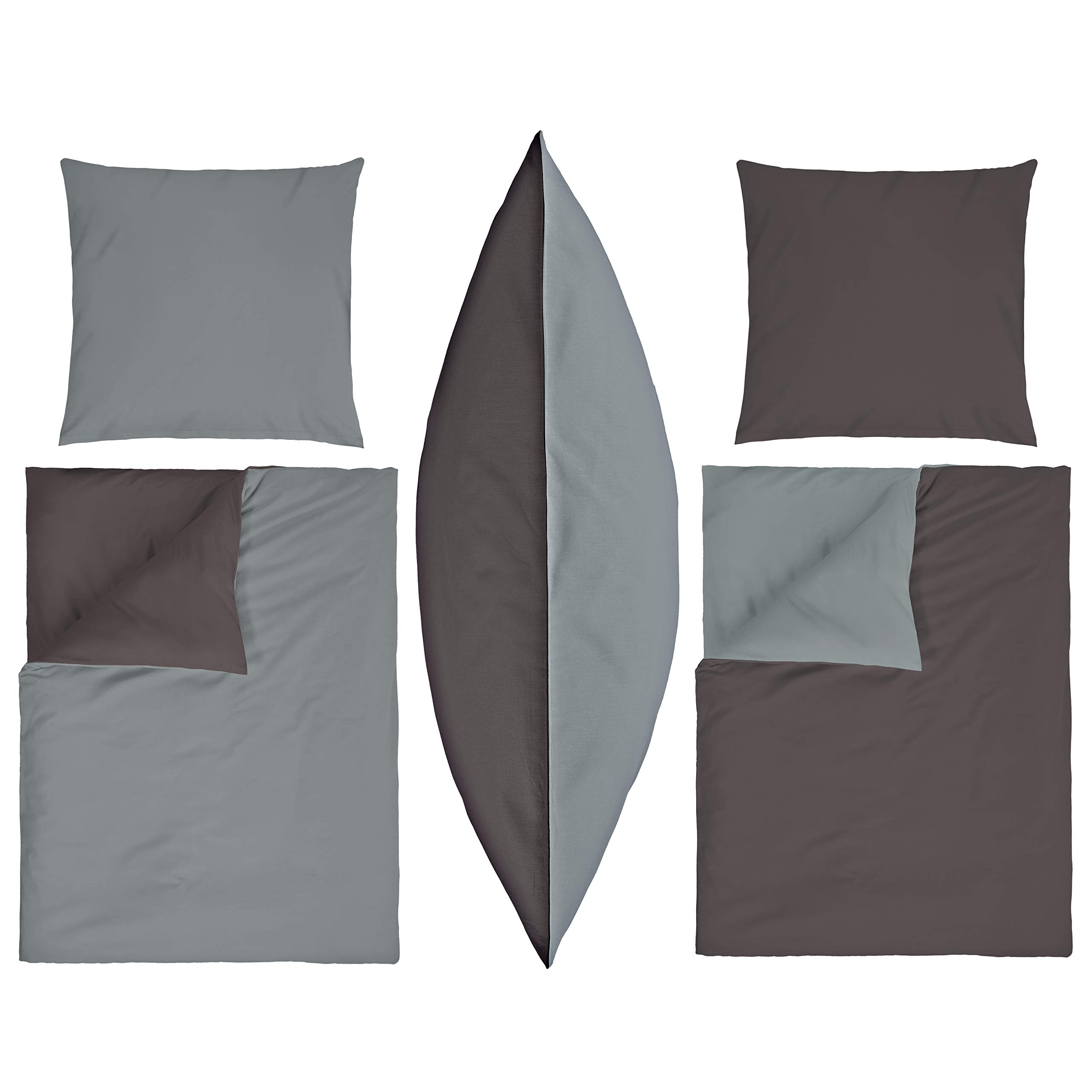 4 teilig Renforcé Uni Wende Bettwäsche 135x200 + 80x80 cm 100% Baumwolle RV (ANTHRAZIT/Silber)