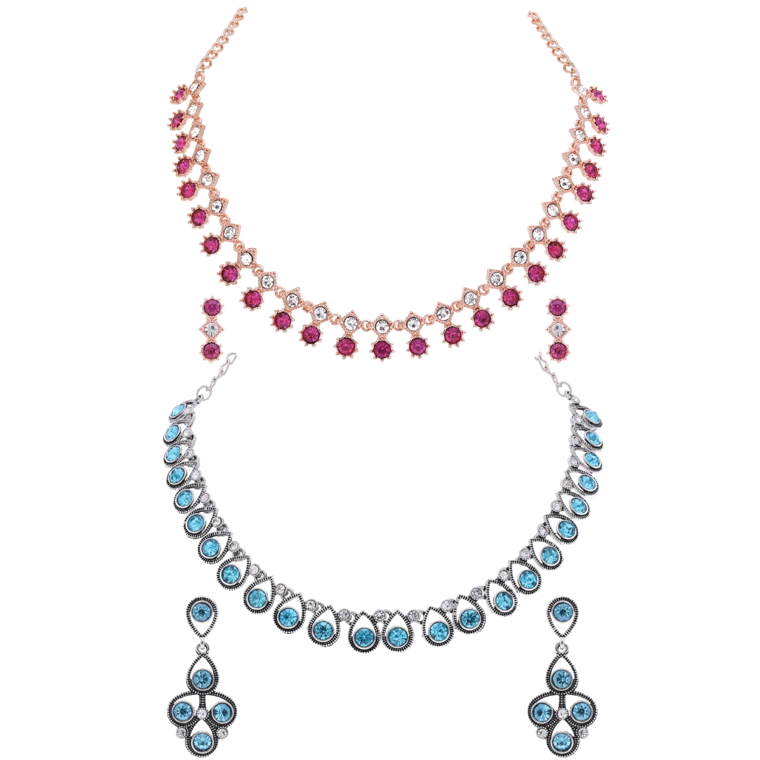 Brado Jewellery Pack of 2 Oxidised Silver and Rosegold Polished AD Necklace with 1 pair of Earring Choker Jewelry set for Women and Girls (RG - Pink - SLR - Skyblue) (B0CLL8NQQ5) Amazon Price History, Amazon Price Tracker