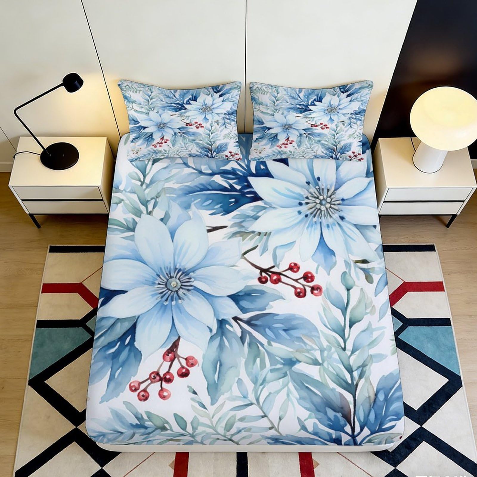 3D Printed Blue Floral Fitted Sheet Microfiber Soft Non-Slip Mattress Cover with Botanical Leaves for Bedroom Guest Room Decor 180x200x25cm