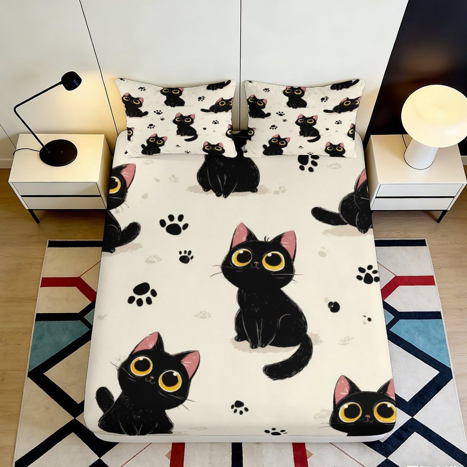 3D Printed Black Cat Pattern Fitted Sheet Microfiber Soft Breathable Paw Prints Bed Cover for Bedroom Dormitory Guest Room Mattress Protection Decor 120x200x25cm