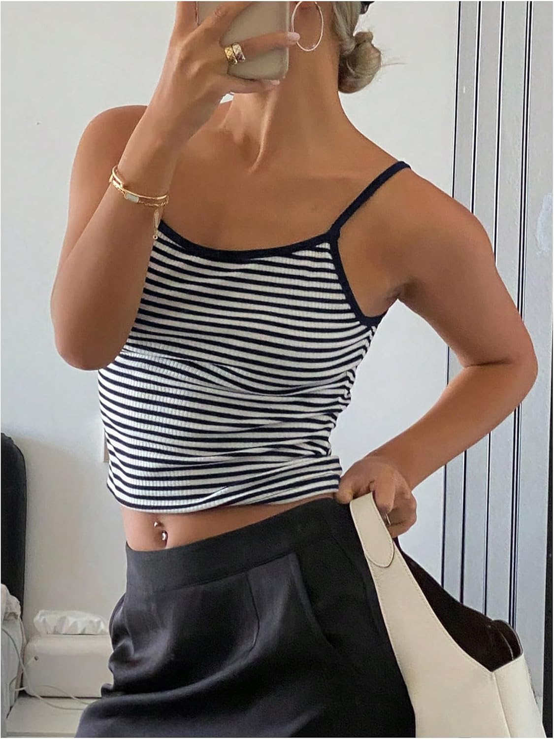 Women's Summer Striped Crop Tops Scoop Neck Spaghetti Strap Knit Dressy Casual Camisole Top - Image 5