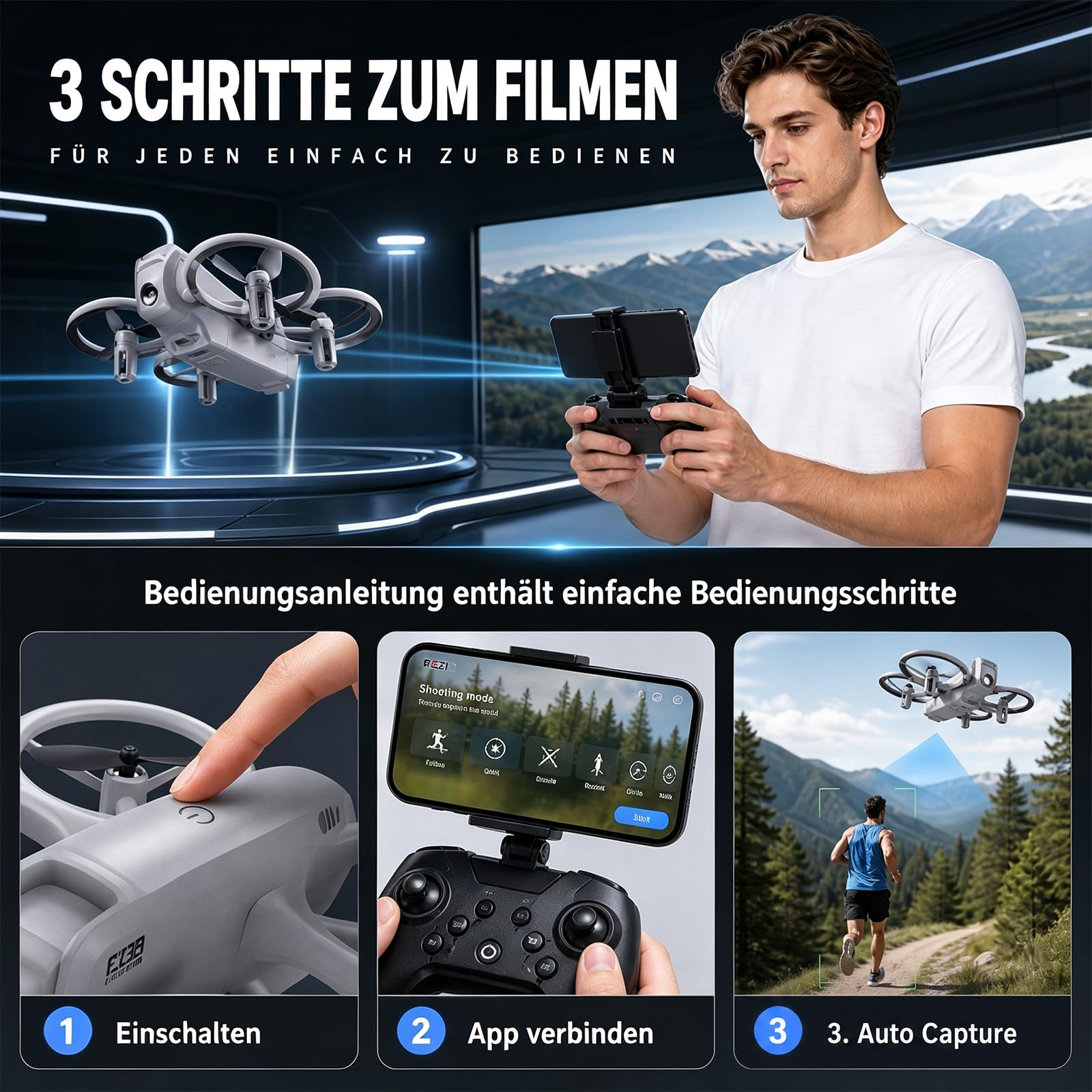 Mini-Drohne mit Doppelkamera, Drone mit Fernbedienung mit Bildschirm, Smart Obstacle Avoidance, 90-Degree Adjustable Camera, 2 Batteries, Suitable for Adults and Beginners
