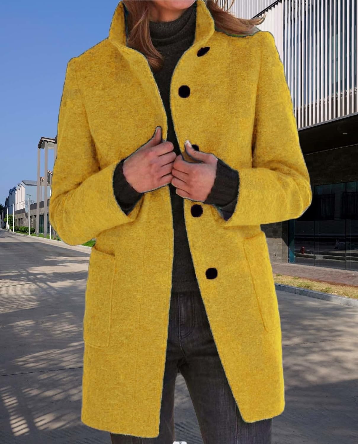 Womens Winter Long Vintage Solid Color Coat Wool Blend Standing Collar Button Thickened Jacket - Image 4