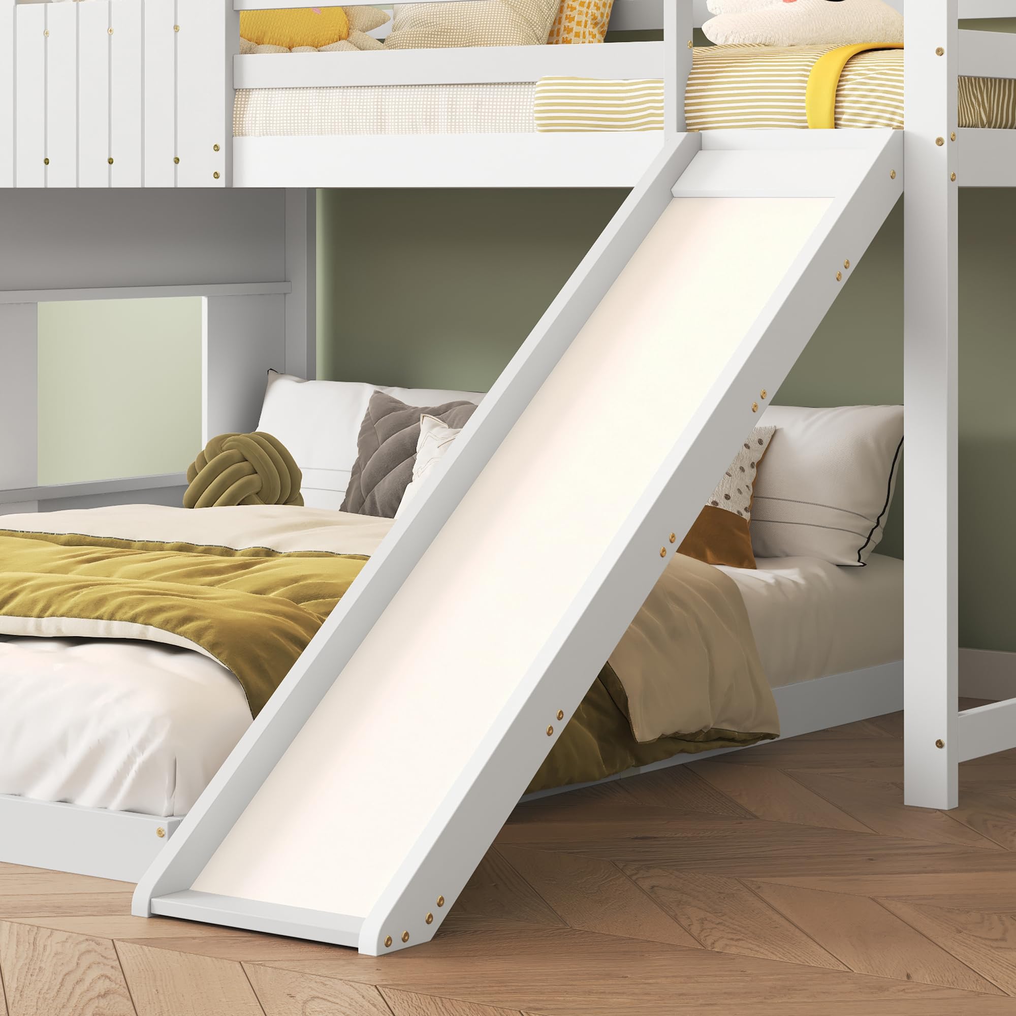 Moimhear Letto a castello con scivolo, letto a casetta, lettino per bambini, con cancelletto anticaduta, con finestra e tetto, con scala a tre gradini, pino + MDF, bianco, 90x200cm & 140x200cm