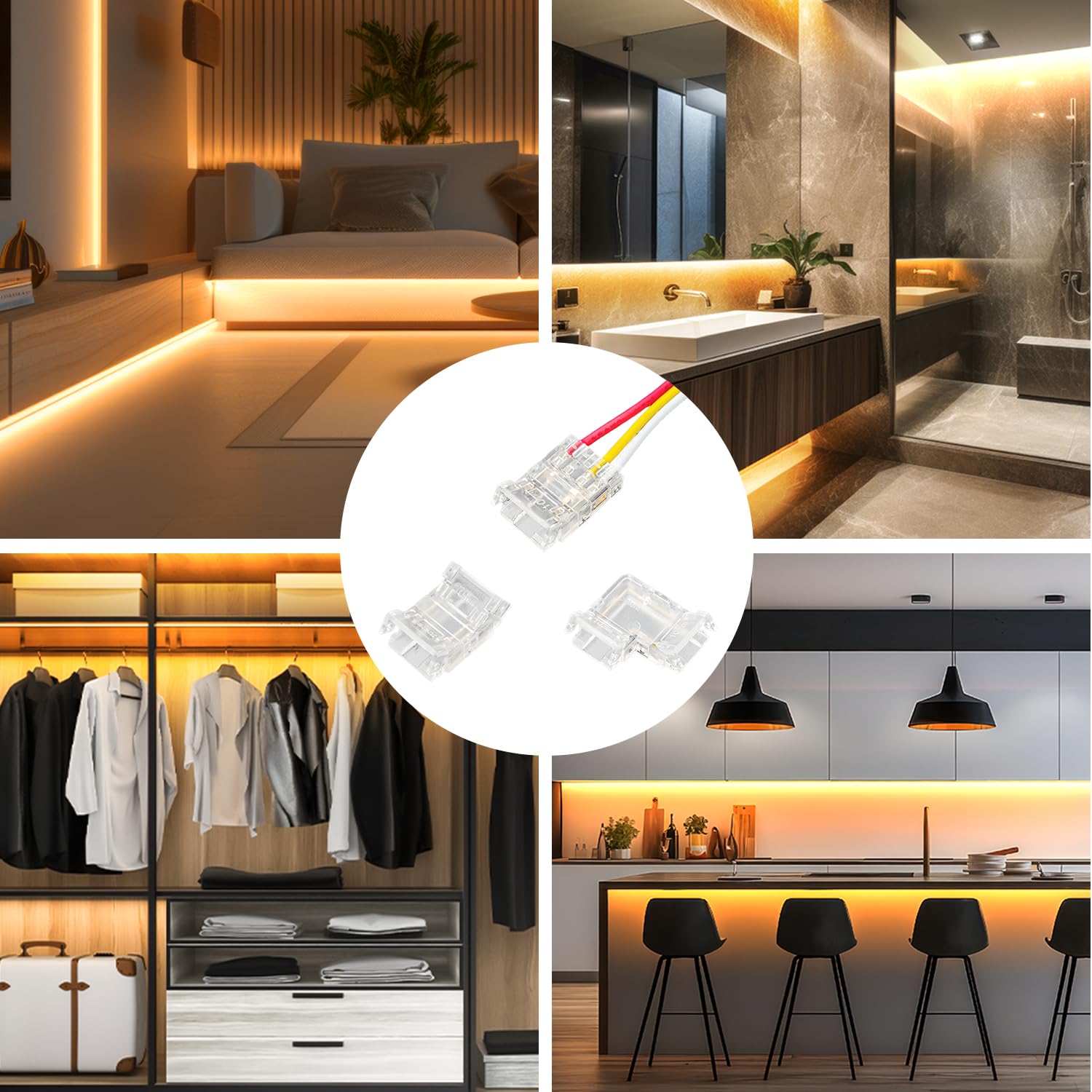 COB LED Strip Connector Set for 10MM Width COB Strip 3Pin and 4Pin, 4PCS Transparent Gapless Center Connectors, 8PCS L-Shape, and 4PCS Dual-End Extension Wires 13CM