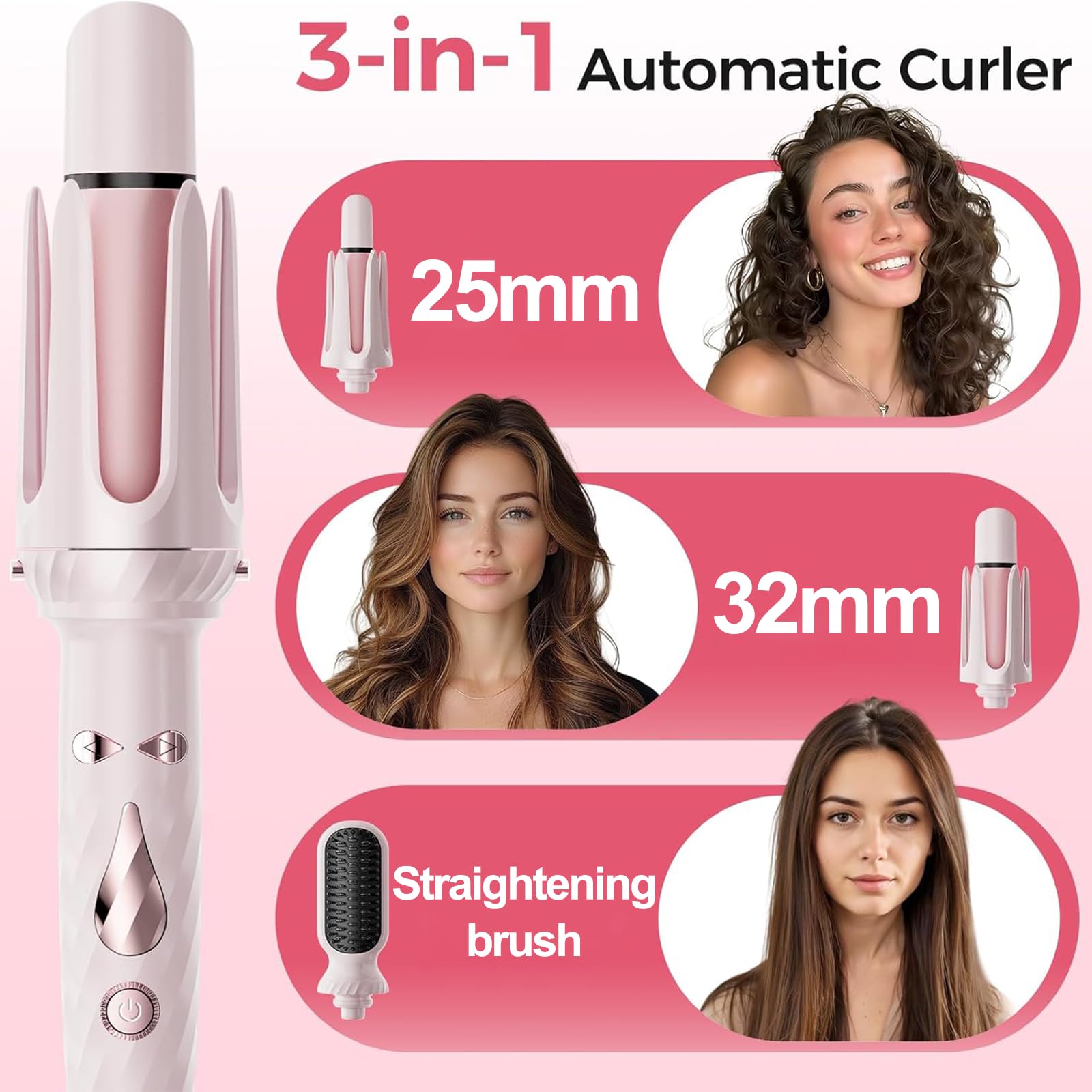 Rizador de Pelo Automático 3 en 1 Rosa - Recubrimiento de Cerámica Hielo, Calentamiento Rápido 30s, 5 Temperaturas (160°C-200°C), Apagado Automático 40min, Alerta Sonora, color rosa