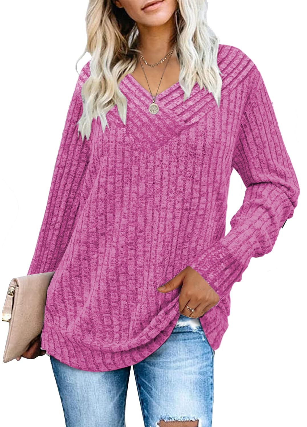 FamulilyWomen's Long Sleeve Tops Lightweight Soft Casual Ladies V Neck Jumpers Loose Fit