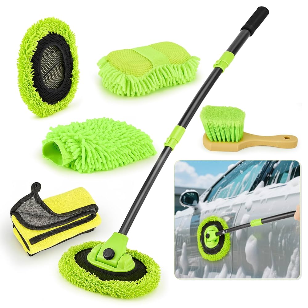 Car Wash Brush with Long Handle - 15° Curved Extendable Car Wash Mop,Soft Car Washing Brushes with Extra Microfiber Mop Head for Truck SUV Cleaning Not Hurt Paint Scratch Free