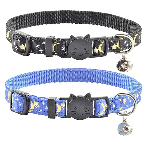 2 PCS Breakaway Cat Collar with Bell, Cute Adjustable Kitten Collars with Accessories (Blue Black) - Blue Black