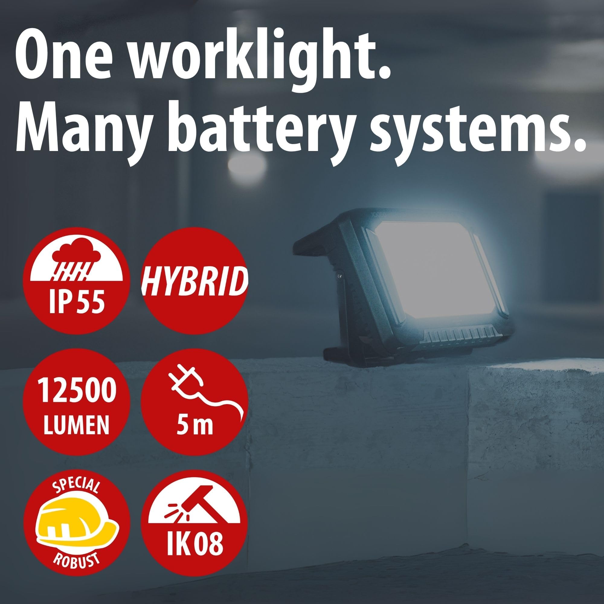 Brennenstuhl Professional Multi Battery LED Hybrydowa Reflektor budowlany 10050 MH (100W, 12500lm, IP55, kompatybilne z akumulatorami 18V od 10 różnych producentów, 5m kabel RN, bez akumulatora)