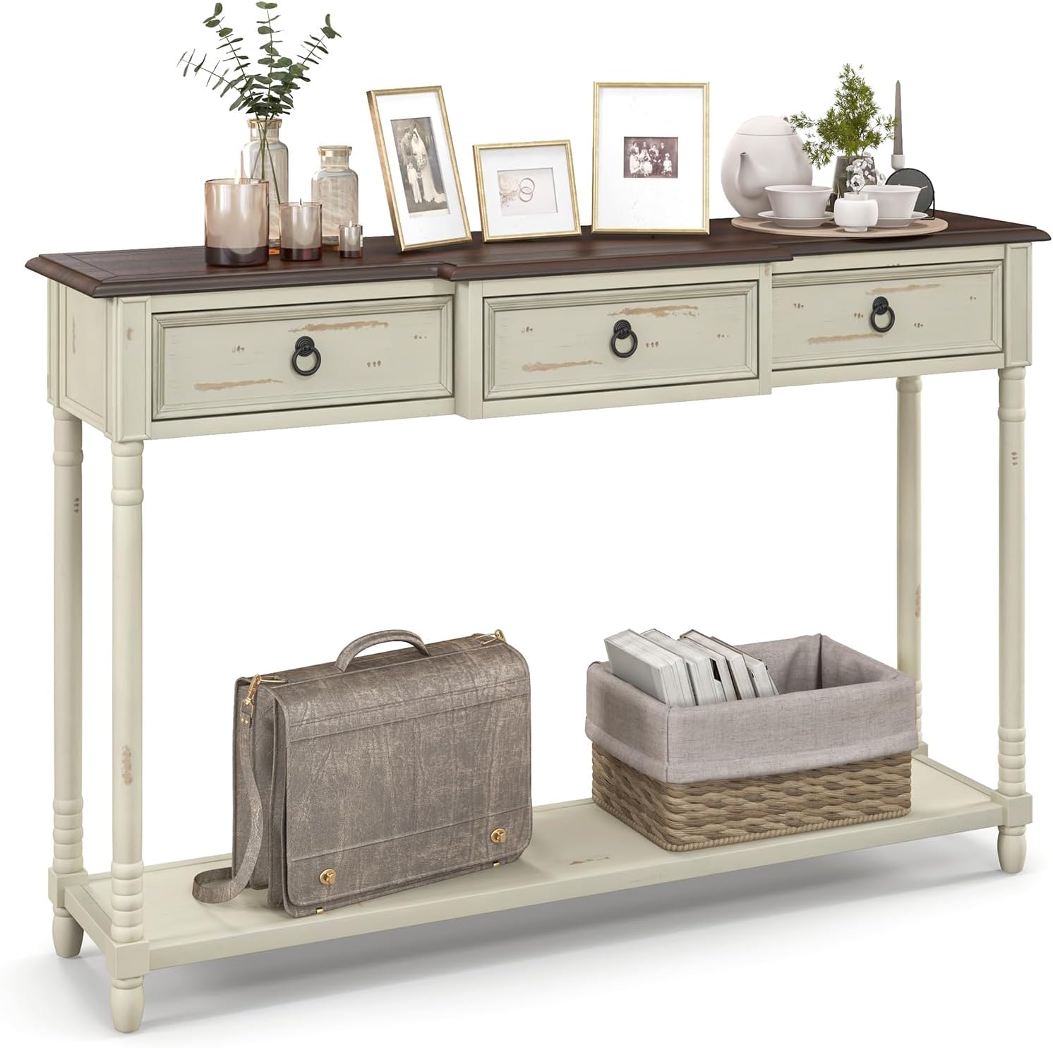 Giantex Console Table with 3 Storage Drawers Entry Table, Rustic