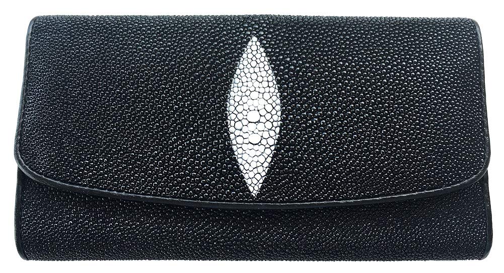 Julie Genuine Real Stingray Skin Leather One Eye Trifold Clutch Black Wallet