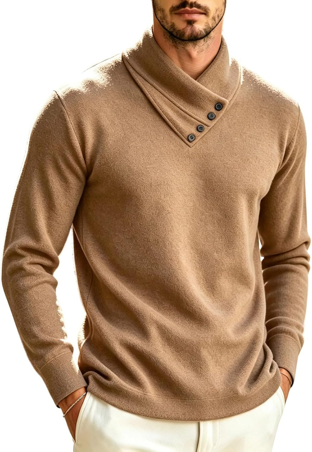 Men's Asymmetric Shawl Collar Knit Top Long Sleeve Thermal Shirts
