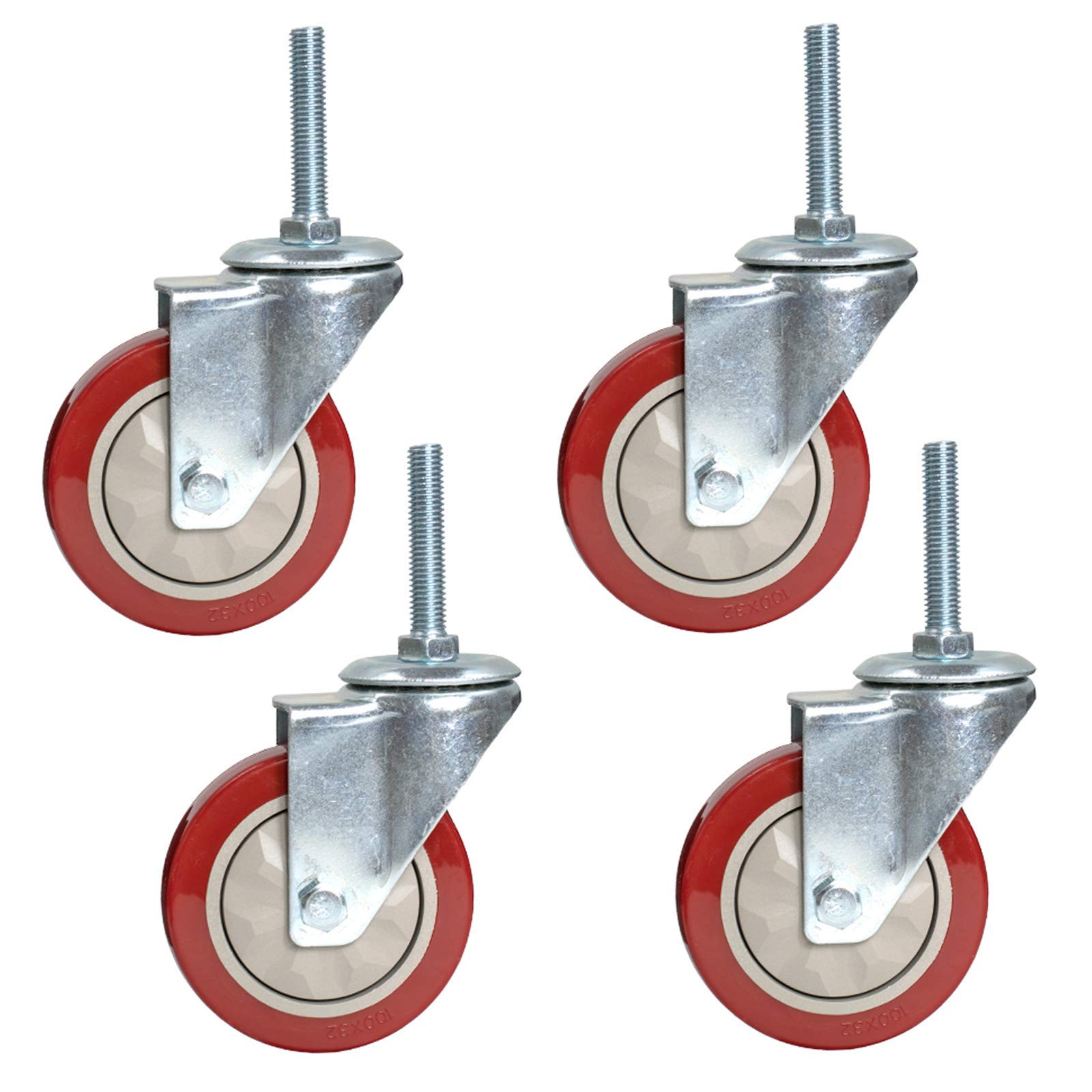GBRJUYF PVC Swivel Wheels for Mobile Carts Replacement Workbench Casters M12 x 60mm Threaded Stem Double Bearing with Nut Pack of 4 Universal 100mm/4
