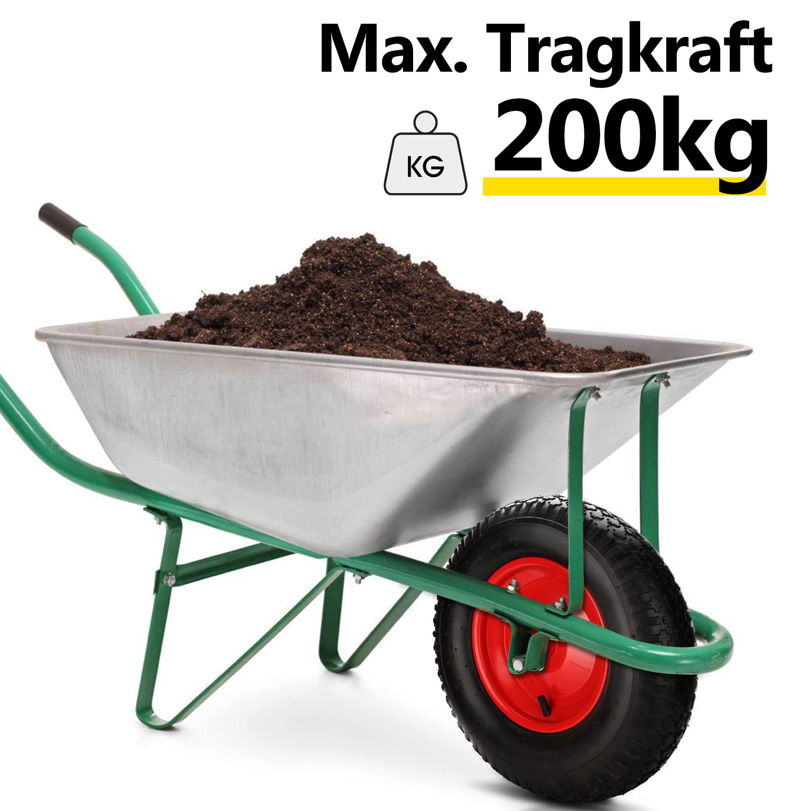 4x Schubkarrenrad 4.80 4.00-8 PU luftbereift mit Achse, Ø 390 mm, bis 200 kg Traglast, 95 mm, Gummirad Luftreifen