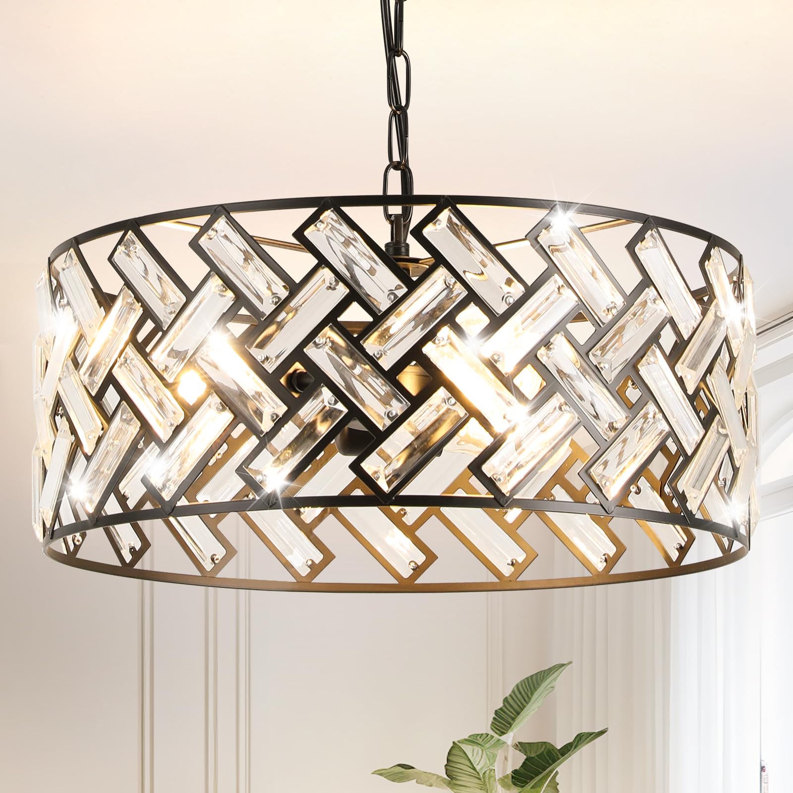 Photo 1 of Drum Chandelier 16in Black Crystal 3-Light Pendant, Dining Room & Kitchen