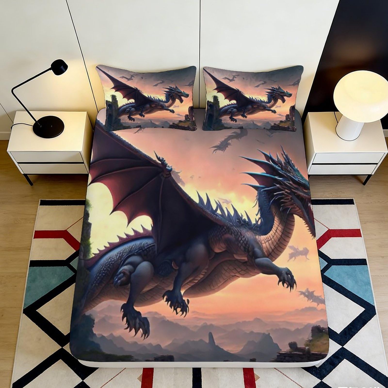 3D Printed Dark Dragon Fitted Sheet Microfiber Soft Breathable Sunset Fantasy Bed Cover for Bedroom Dorm Decor 90x200x25cm