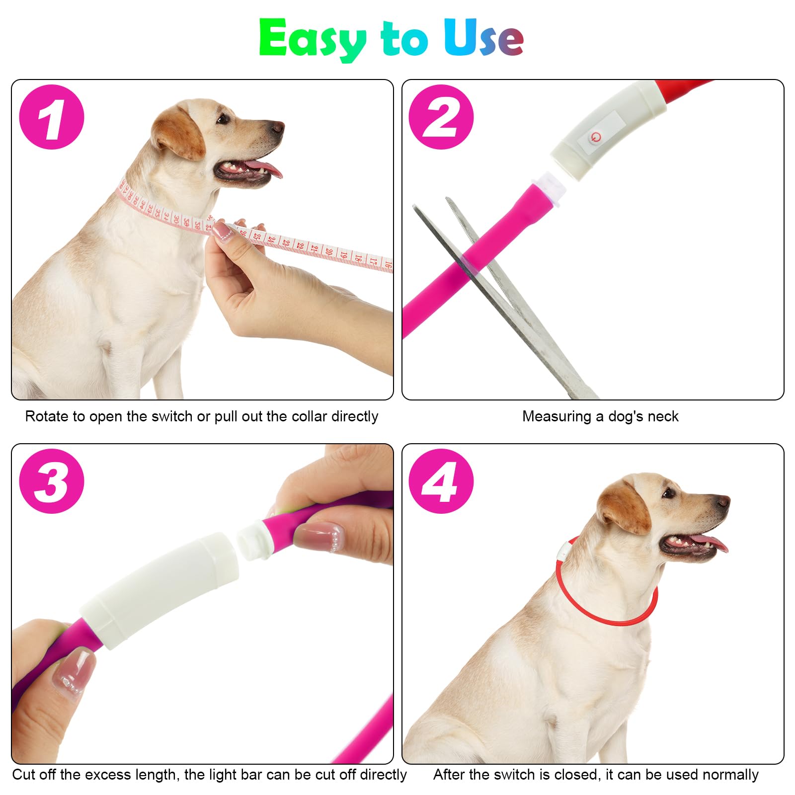 AUAUY Collare Luminoso per Cani, Collare per Animali Domestico LED Ricaricabile USB, Collare di Lunghezza Regolabile con 4 modalità Luminose per Cani di Taglia Piccola Media Grande - Rosa