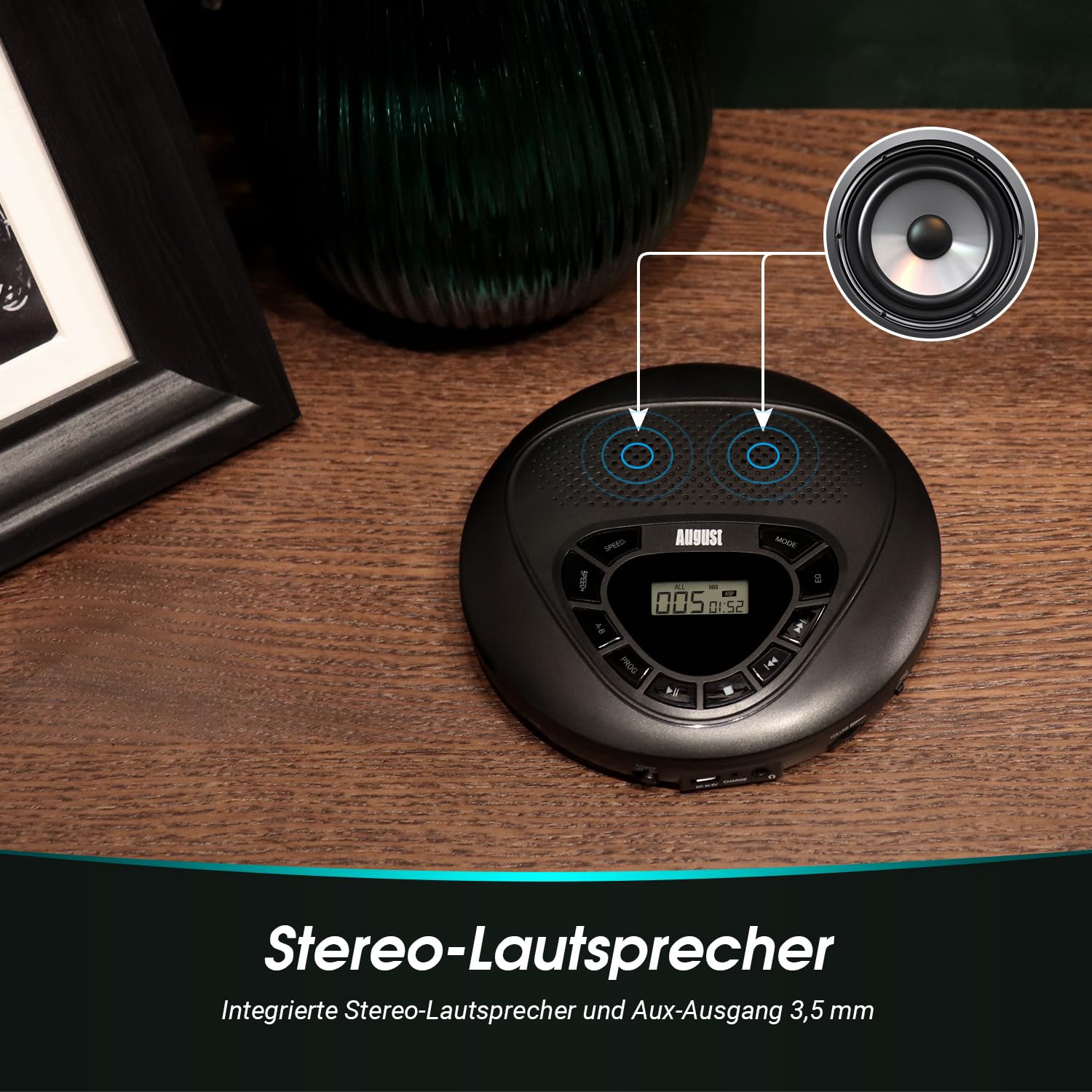 August SE10 Wiederaufladbarer tragbarer CD Player mit Kopfhörer - Discman USB-C mit Lautsprecher Überspring (Anti-Skip) Schutz MP3 CD Player mit Wiederholung/EQ/PROG/Micro SD/EQ für Erwachsene Kinder