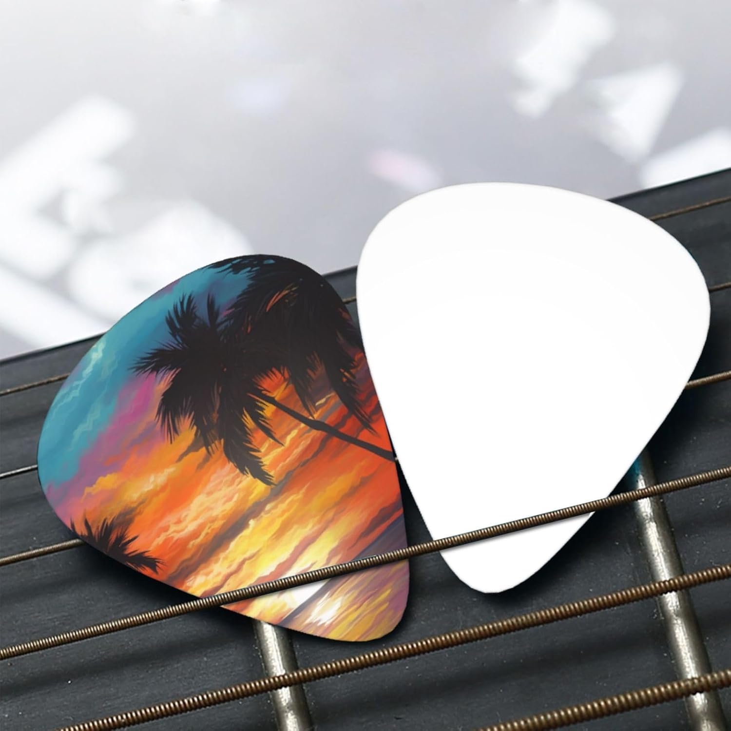Guitar Picks 216 PCS, Tropical Sunset Printed Funny Guitar Picks for Acoustic/Electric/Bass Guitar(0.46,0.71,0.96 mm)