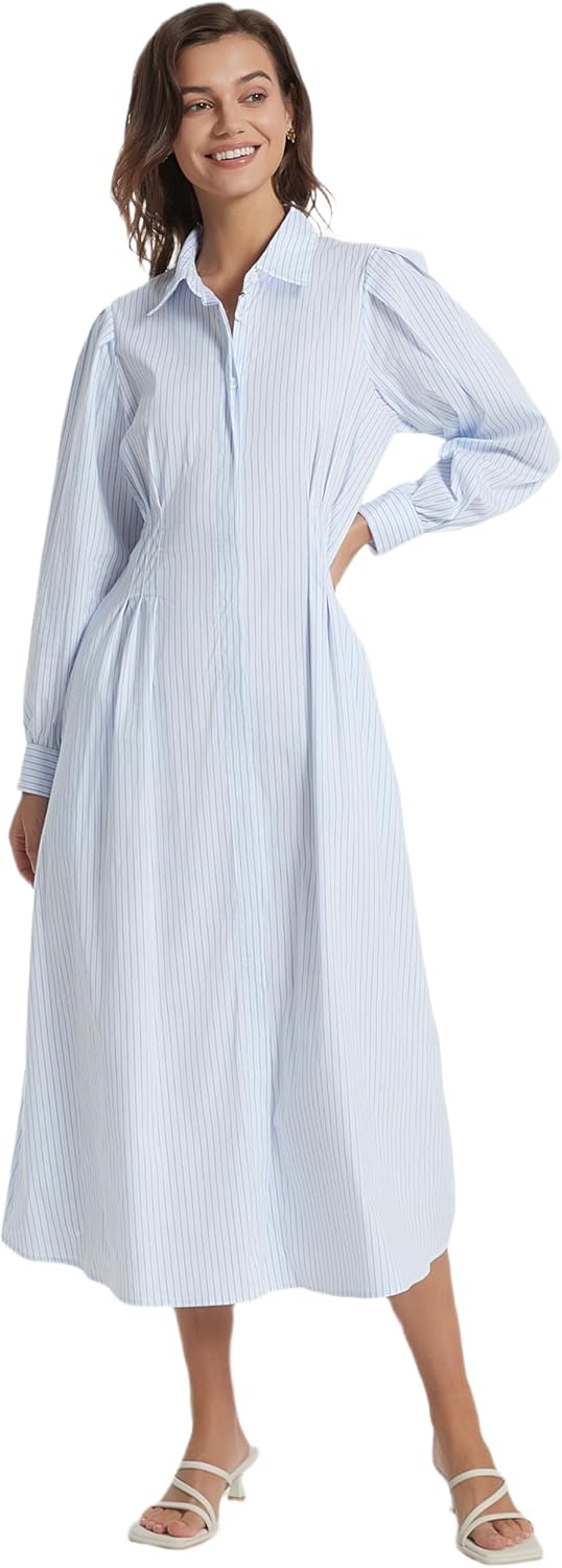D-Sun Women's Maxi Shirt Dress Striped Button Down Maxi Dress Casual Long Sleeve V Neck Pleated Long Shirt Dresses - Image 3