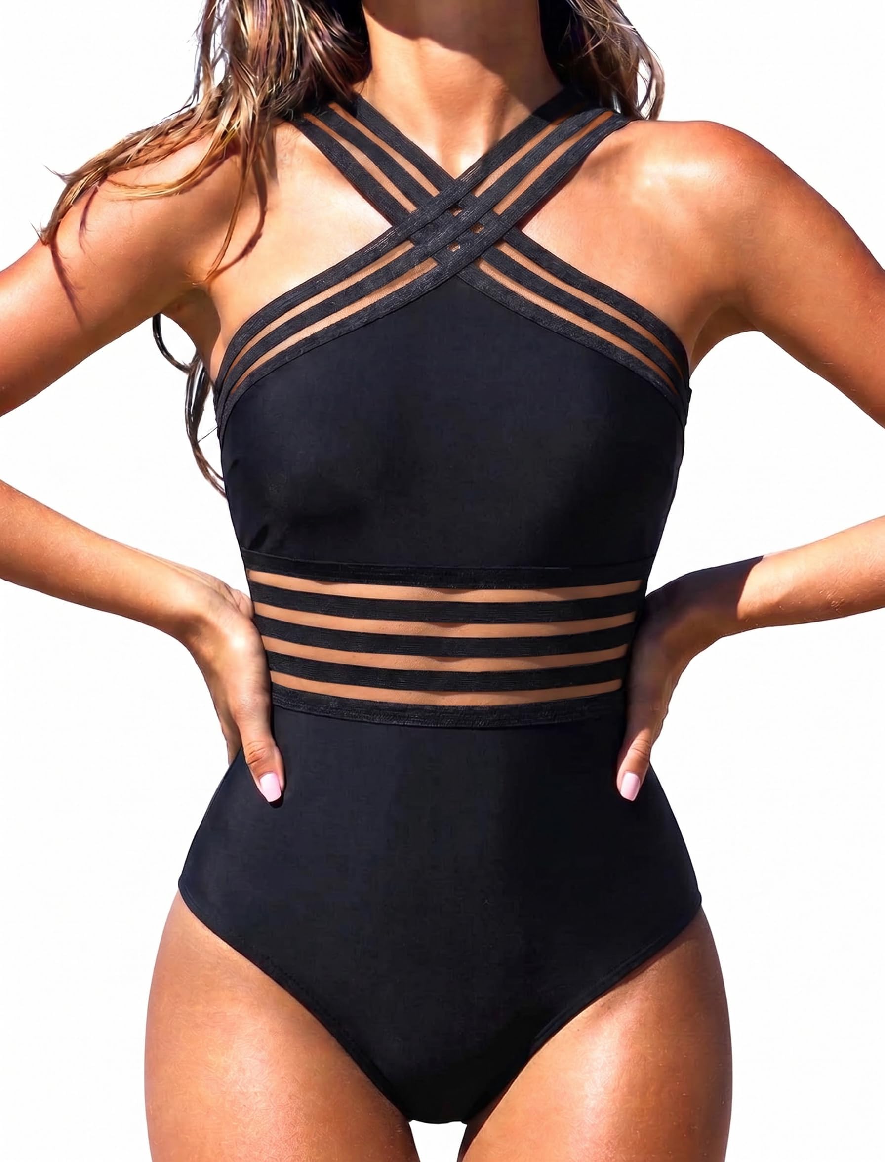 Women's Tummy Control Swimsuits Slimming One Piece Bathing Suits Front Crossover Swimwear