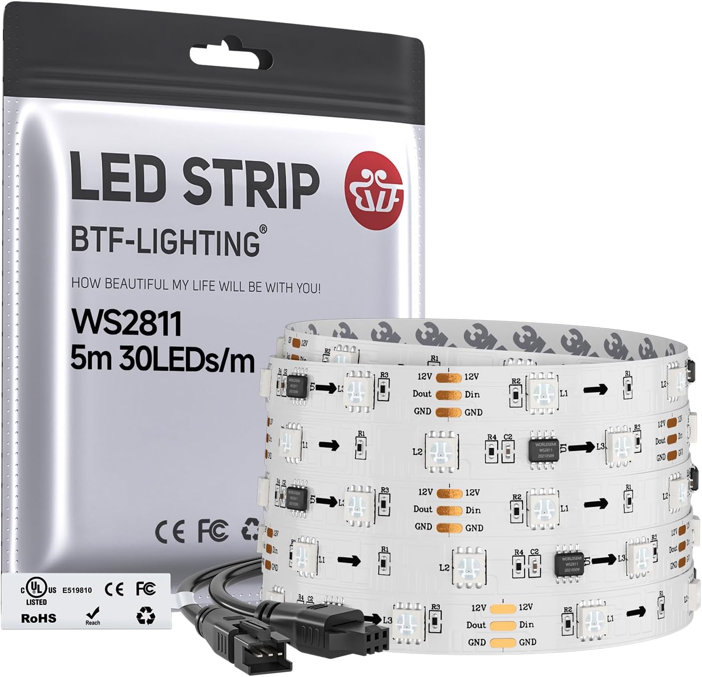 BTF-LIGHTING WS2811 IC Addressable Dream Color LED Strip 16.4FT 30LEDs/m 10Pixels/m 150LEDs 50pixels IP30 Non-Waterproof White PCB Flexible DC12V Chasing Effect for Bedroom Desk Home Decoration