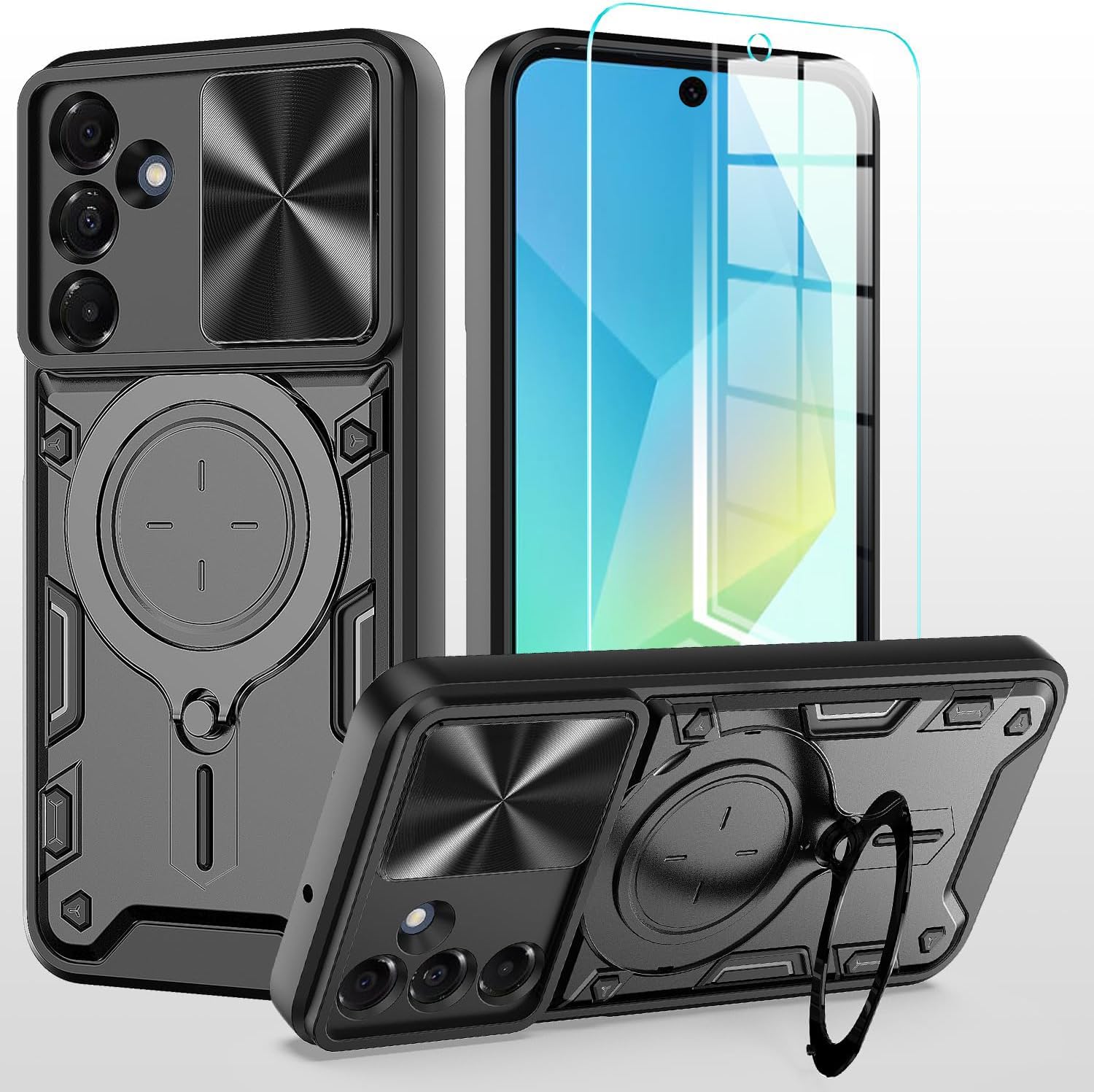 for Samsung Galaxy A56 Case,with Camera Lens Cover Slider 1Pack Screen Protectors Magnetic Kickstand Protective Case Heavy Duty Rugged Cell Phone Protective Cover Black