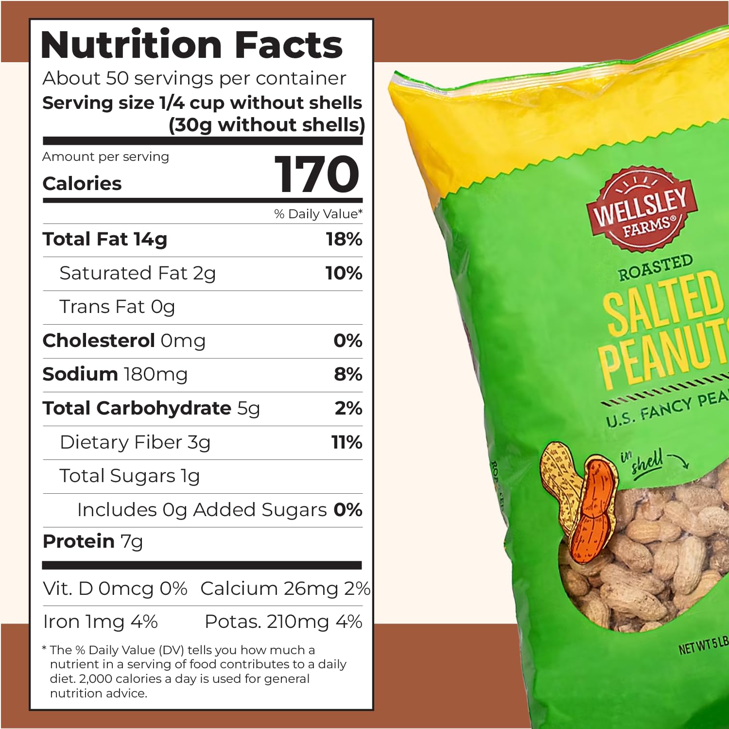 Wellsley Farms Salted Roasted Peanuts In Shell, USA Grown Whole, Non-GMO, Gluten-Free, Vegan, Cholesterol-Free, Shell-Cracking Snack for Game Day, BBQ & Travel, 5 lb Bag